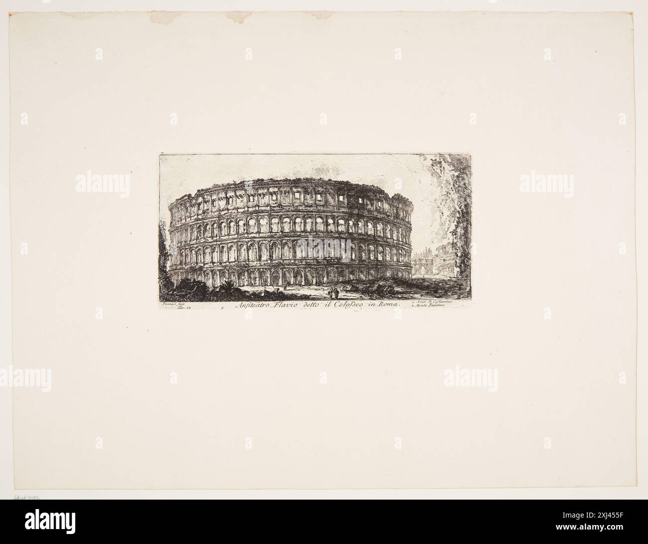 Gravure de Giovanni Battista Piranesi représentant l'amphithéâtre Flavien (Colisée) de Rome, montrant des arches, des gradins et des éléments classiques. Banque D'Images