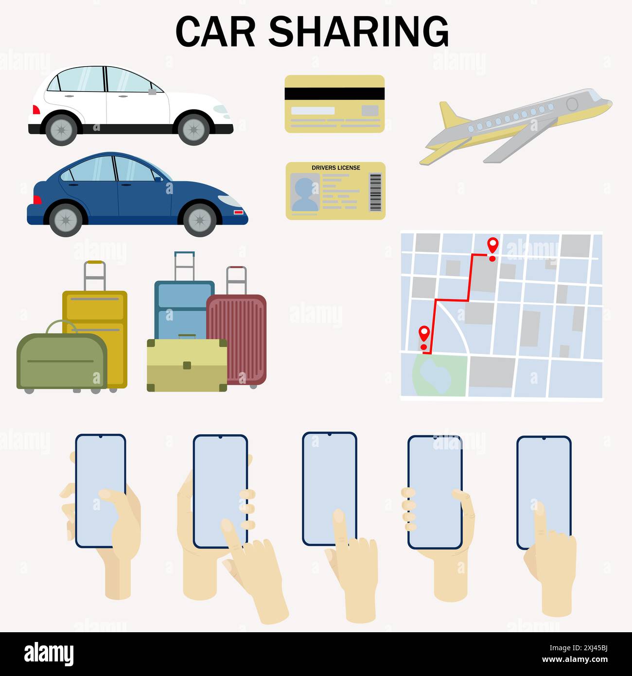 Partage de voiture, location de voiture. Blanc, voiture bleue, avion, carte bancaire, permis de conduire, valises, plan de la ville, téléphone à la main. Illustration vectorielle sur un dos blanc Illustration de Vecteur