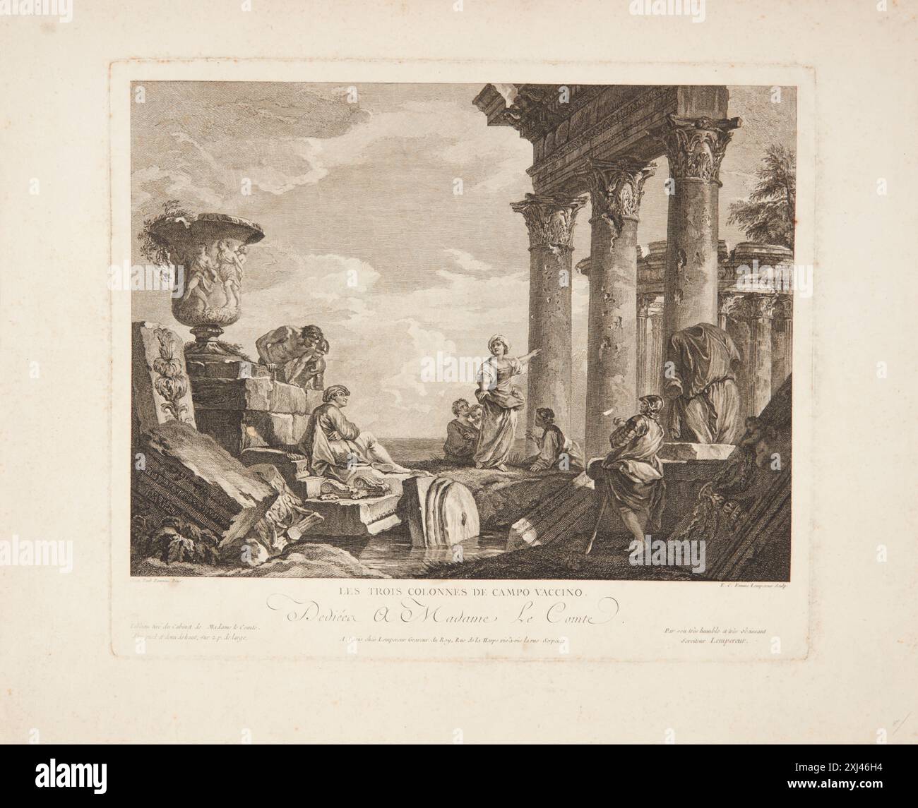 Campo Vaccinos Tre Søjler (les trois colonnes de Campo Vaccino) Lempereur, Catherine Élisabeth 1726 - 1780, Pannini, Giovanni Paolo 1691 - 1765, Lempereur, Louis Simon 1728 - 1807 gravure sur cuivre, Imprimer inventaire du fonds français : graveurs du XVIIIe siècle XIV : Legras (les) - Lequien, Yves Sjöberg, p. 334, NR. 7, SMK 2,780:14, 1977 Campo Vaccinos tre søjler (les trois colonnes de Campo Vaccino) Banque D'Images