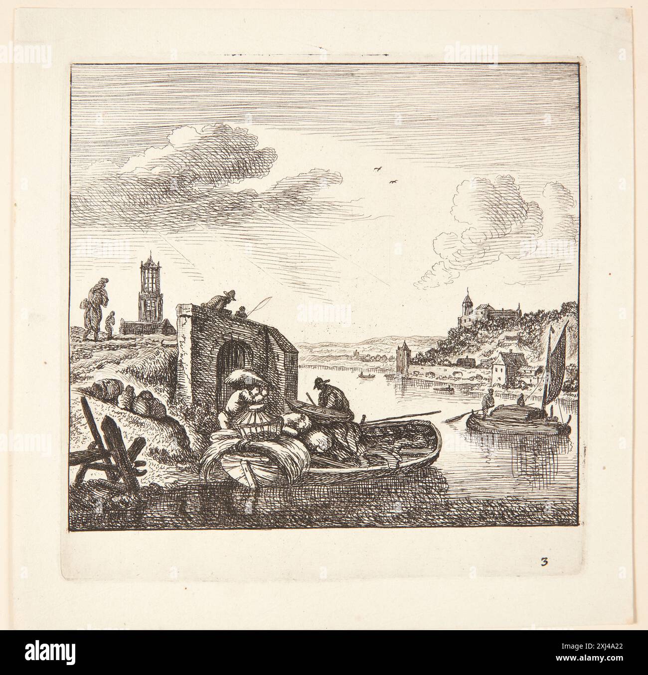 Prospectus of the Rhin, t.v. a barge that is Loaded Almeloveen, Jan van 1652 - 1684, Saftleven, Herman 1609 - 1685 Etching, Print Hollstein's Dutch and Flemish gravings, gravings and Woodgravure 1450-1700 (vol. I), Abry - Berchem, F.W.H. Hollstein, 19 II?, C 38945, 1949. The Illustrated Bartsch 1, Netherlandish Artists, van Laer, Vlieger, Potter, de Bije m.fl., Leonard J. Slatkes, 19 III, C 36164, 1978. Les marques de collections de dessins & d'estampes : marques estampillées et écrites de collections particulières et publiques, frits Lugt, NR. 1021, 7027, 1921-1956 Prospekt af Rhinen, t.v. en Banque D'Images