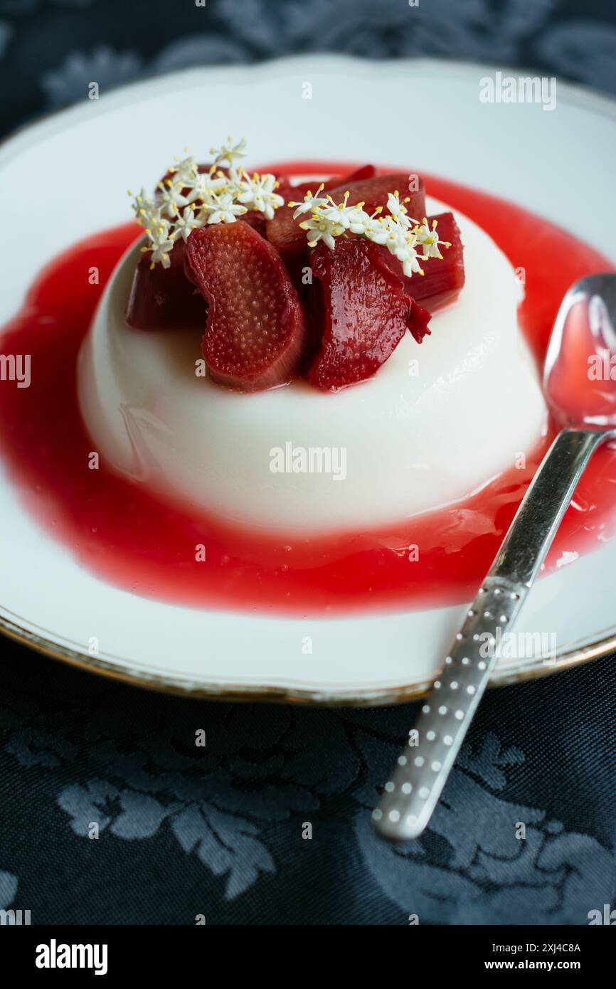 Panna cotta de fleur de sureau végétalienne faite maison avec un coulis de rhubarbe. Banque D'Images