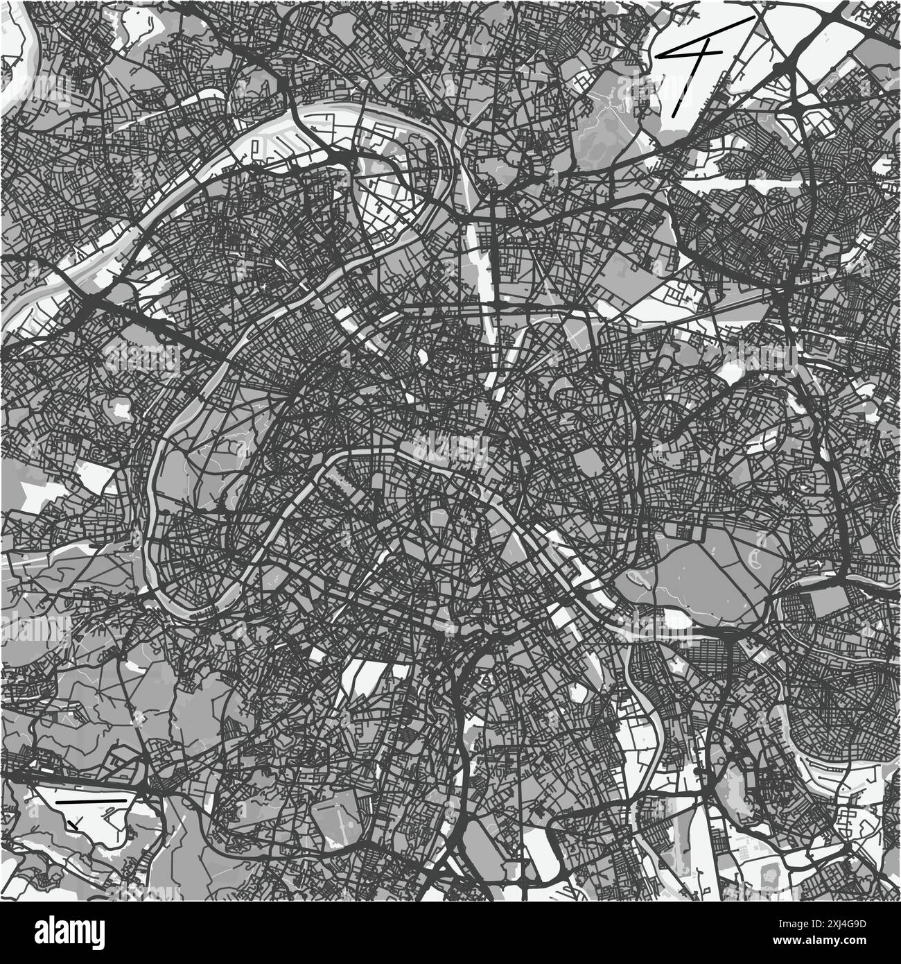 Carte de Paris en France en niveaux de gris. Contient un vecteur en couches avec routes eau, parcs, etc Illustration de Vecteur