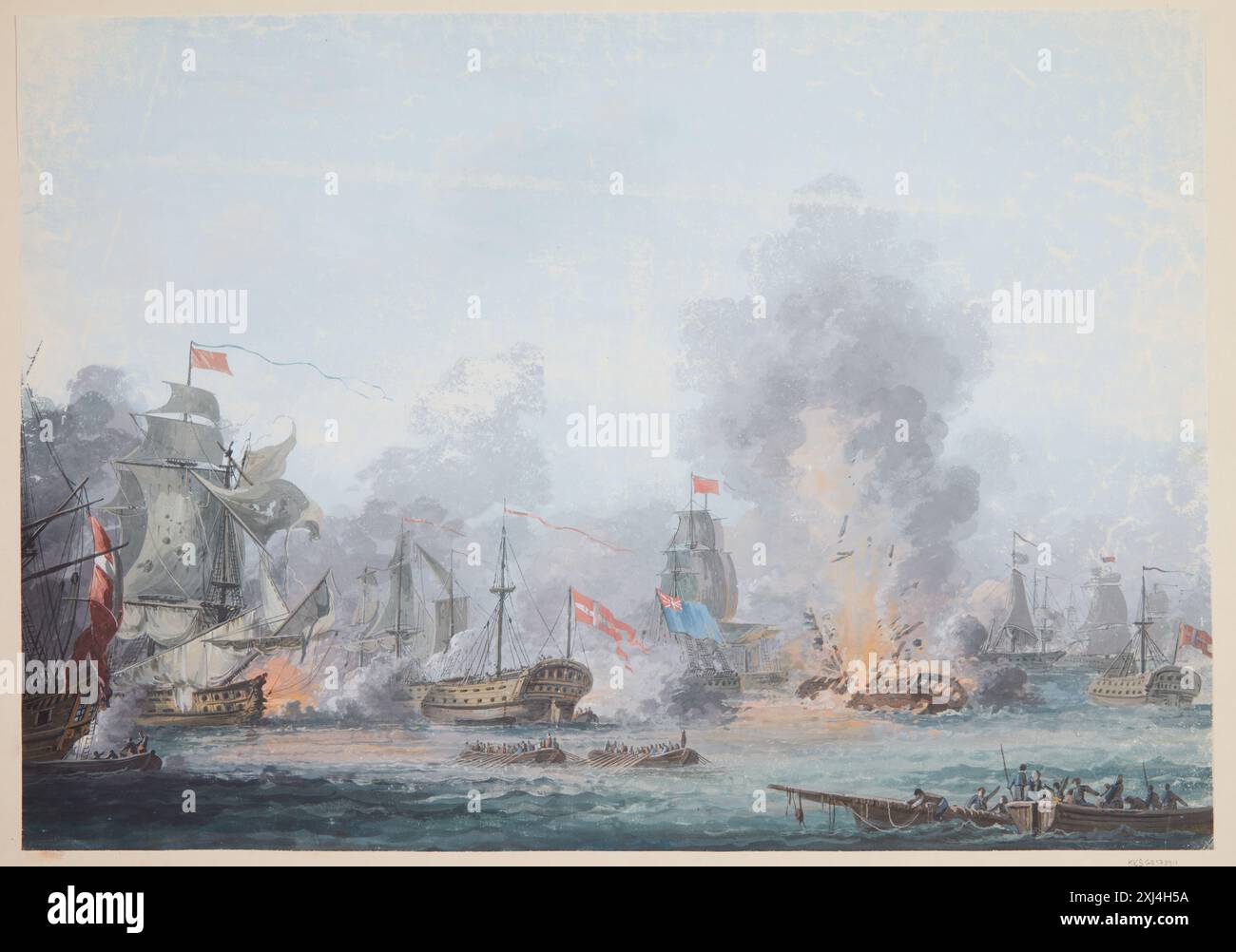Ce dessin aquarelle de Gustaf Boberg représente la bataille navale du Reden, montrant des navires en combat, des tirs de canons et des combats maritimes. Banque D'Images