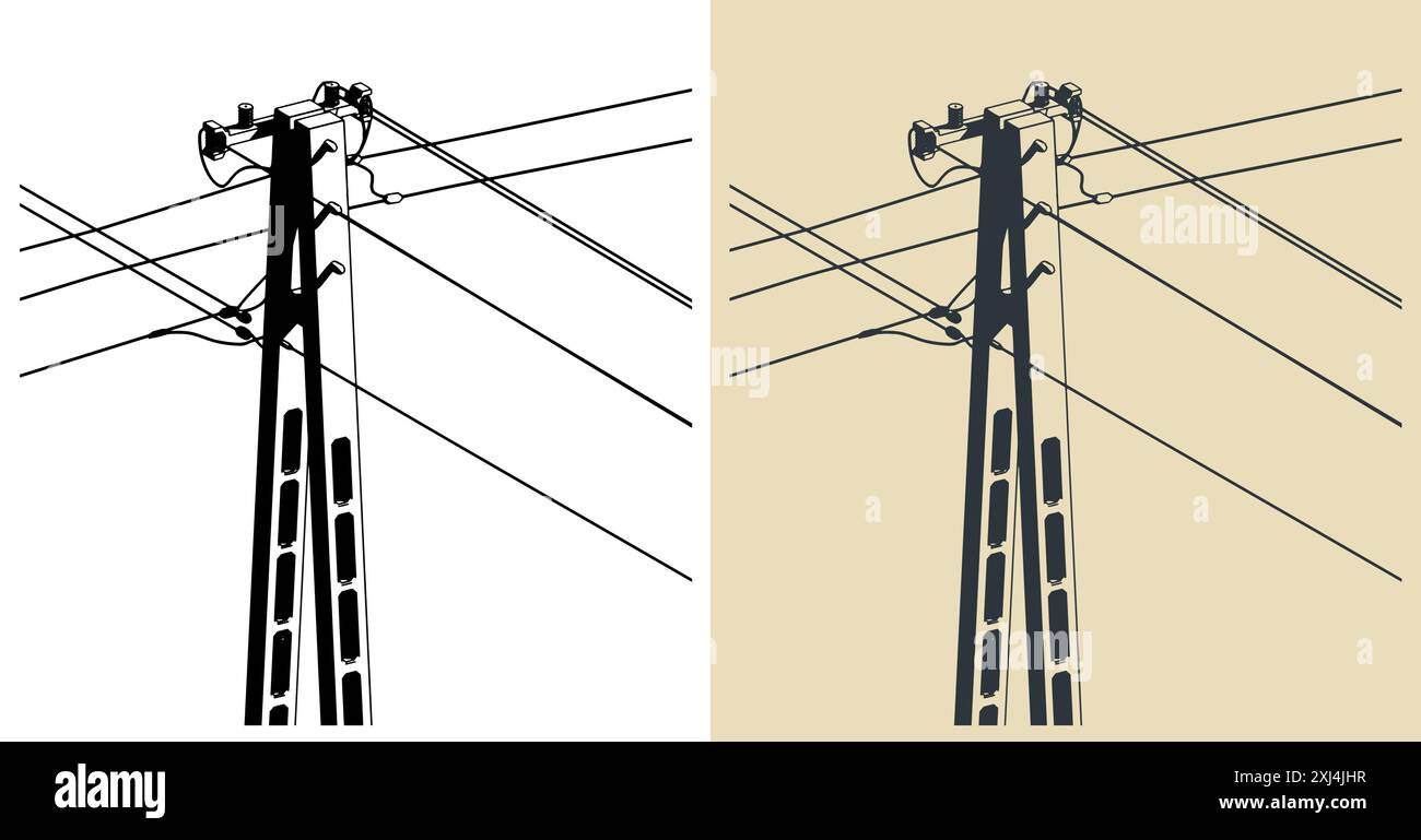 Illustrations vectorielles stylisées de poteau électrique haute tension avec des fils en gros plan Illustration de Vecteur