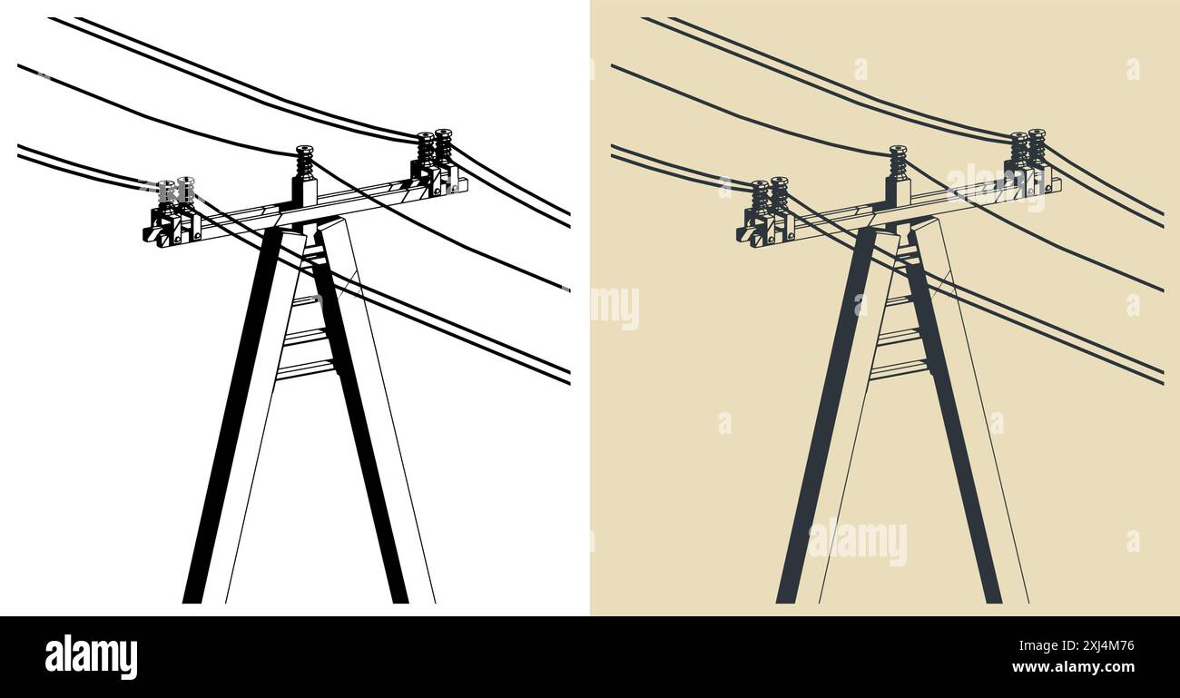 Illustrations vectorielles stylisées de poteau électrique haute tension avec des fils en gros plan Illustration de Vecteur