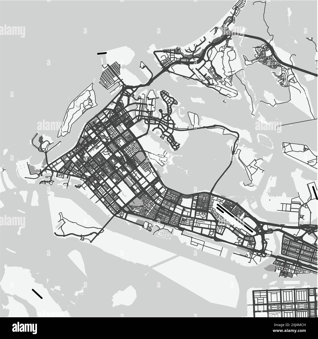 Carte d'Abu Dhabi aux Émirats Arabes Unis en niveaux de gris. Contient un vecteur en couches avec routes eau, parcs, etc Illustration de Vecteur