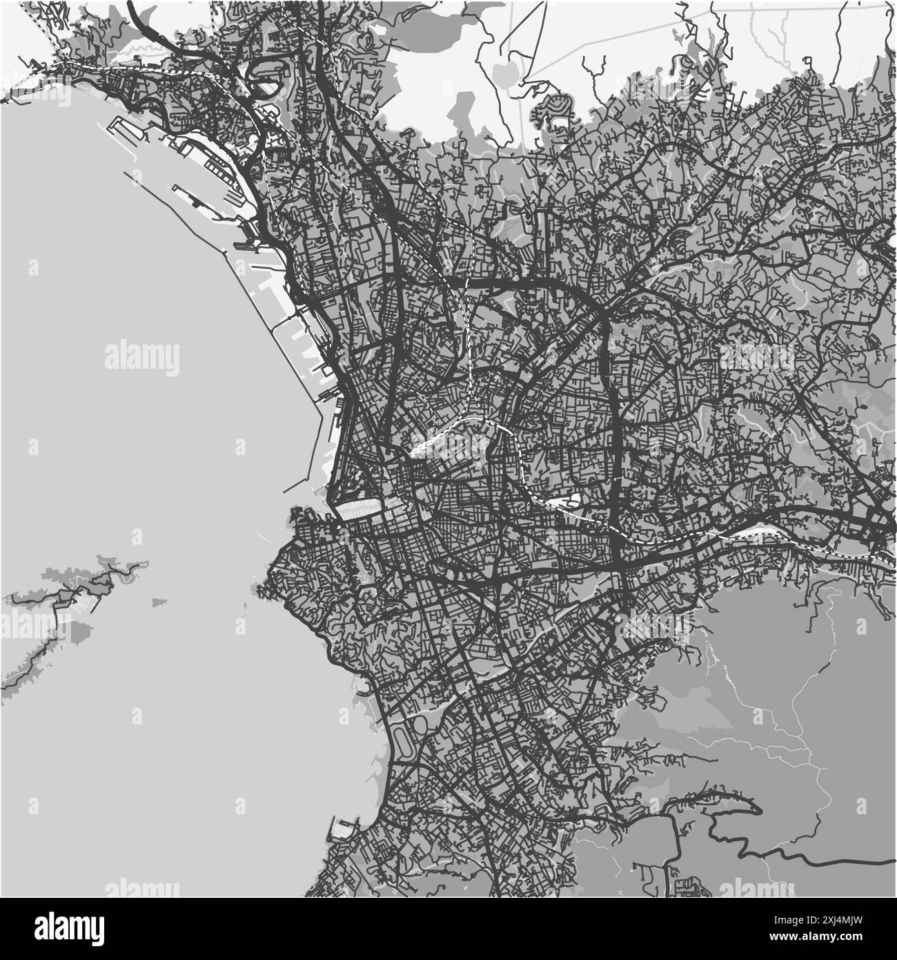 Carte de Marseille en France en niveaux de gris. Contient un vecteur en couches avec routes eau, parcs, etc Illustration de Vecteur