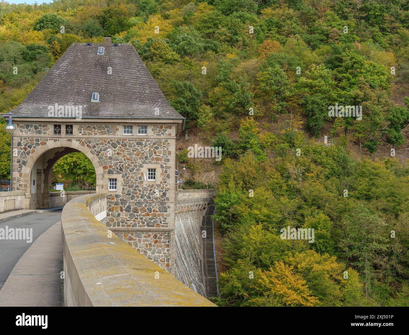 Arc en pierre et pont dans la forêt, avec route et végétation dense, waldeck, hesse, allemagne Banque D'Images