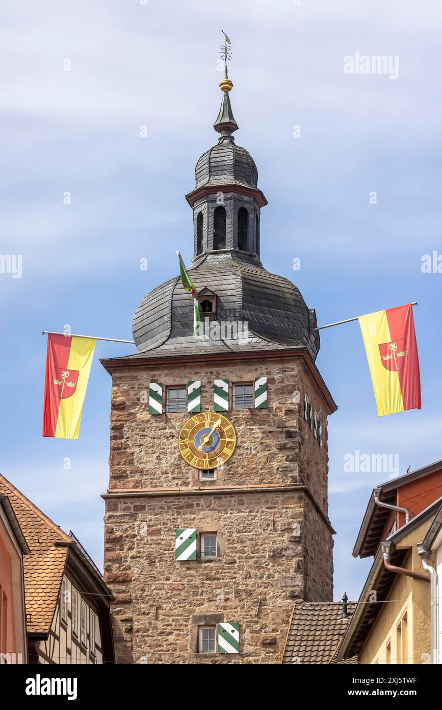 Tour de ville de Buchen dans l'Odenwald, tour de porte, drapeaux avec armoiries de la ville. Buchen, Bade-Wuertemberg, Allemagne Banque D'Images
