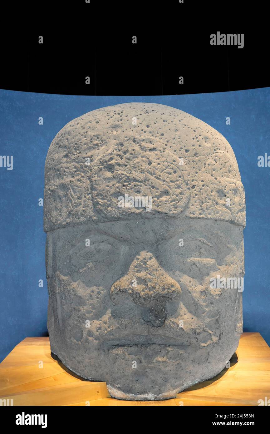 Museo Nacional de Antropologia, Mexico, Mexique, Amérique centrale, Un grand monument en pierre avec un visage détaillé dans un cadre de type musée Banque D'Images