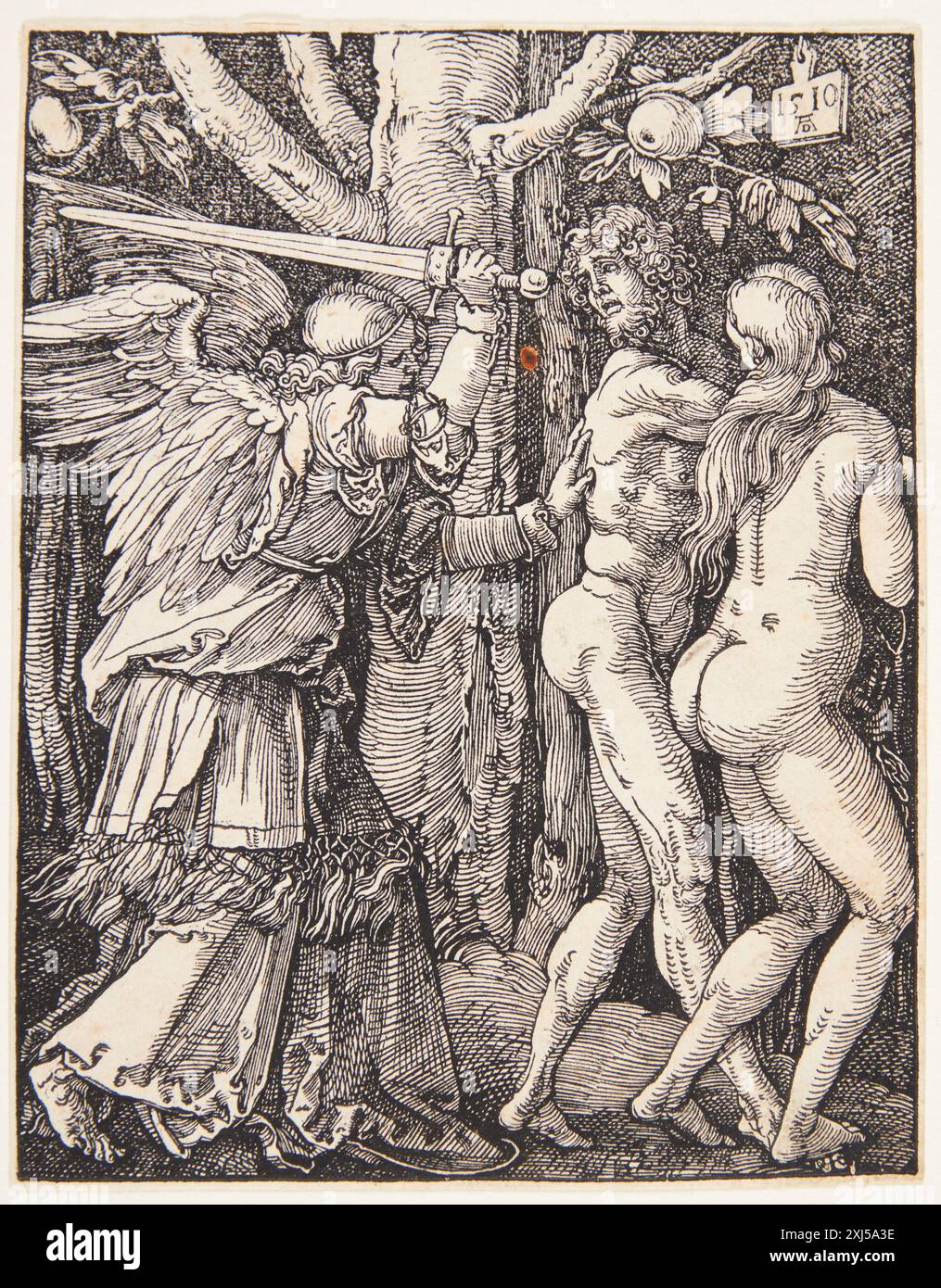 Gravure sur bois d'Albrecht Dürer représentant l'expulsion du Paradis, montrant Adam, Ève, ange et jardin. Banque D'Images