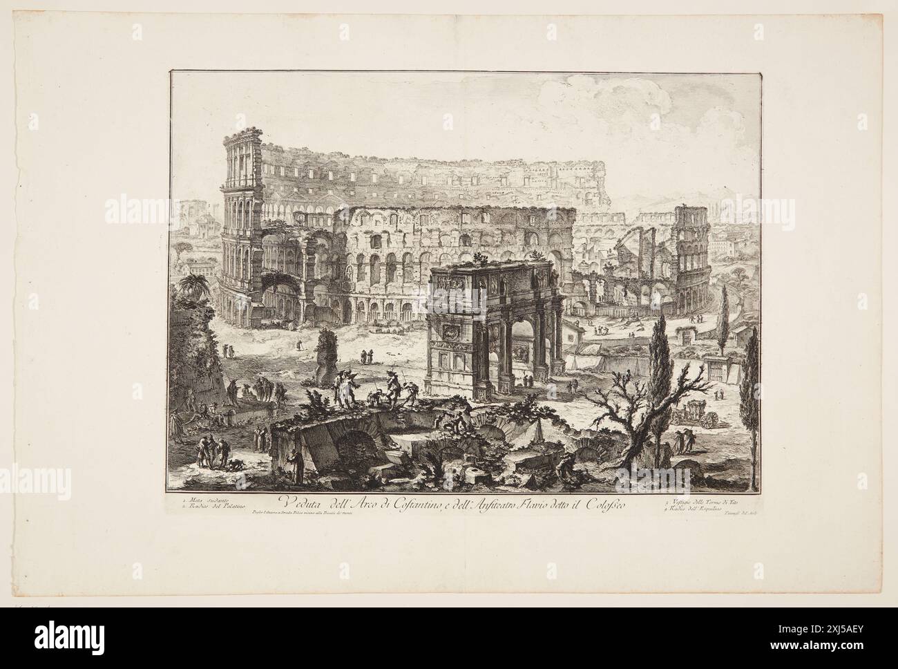 Gravure représentant l'Arc de Constantin et l'amphithéâtre Flavien (Colisée) de Rome, créée par Giovanni Battista Piranesi. Banque D'Images