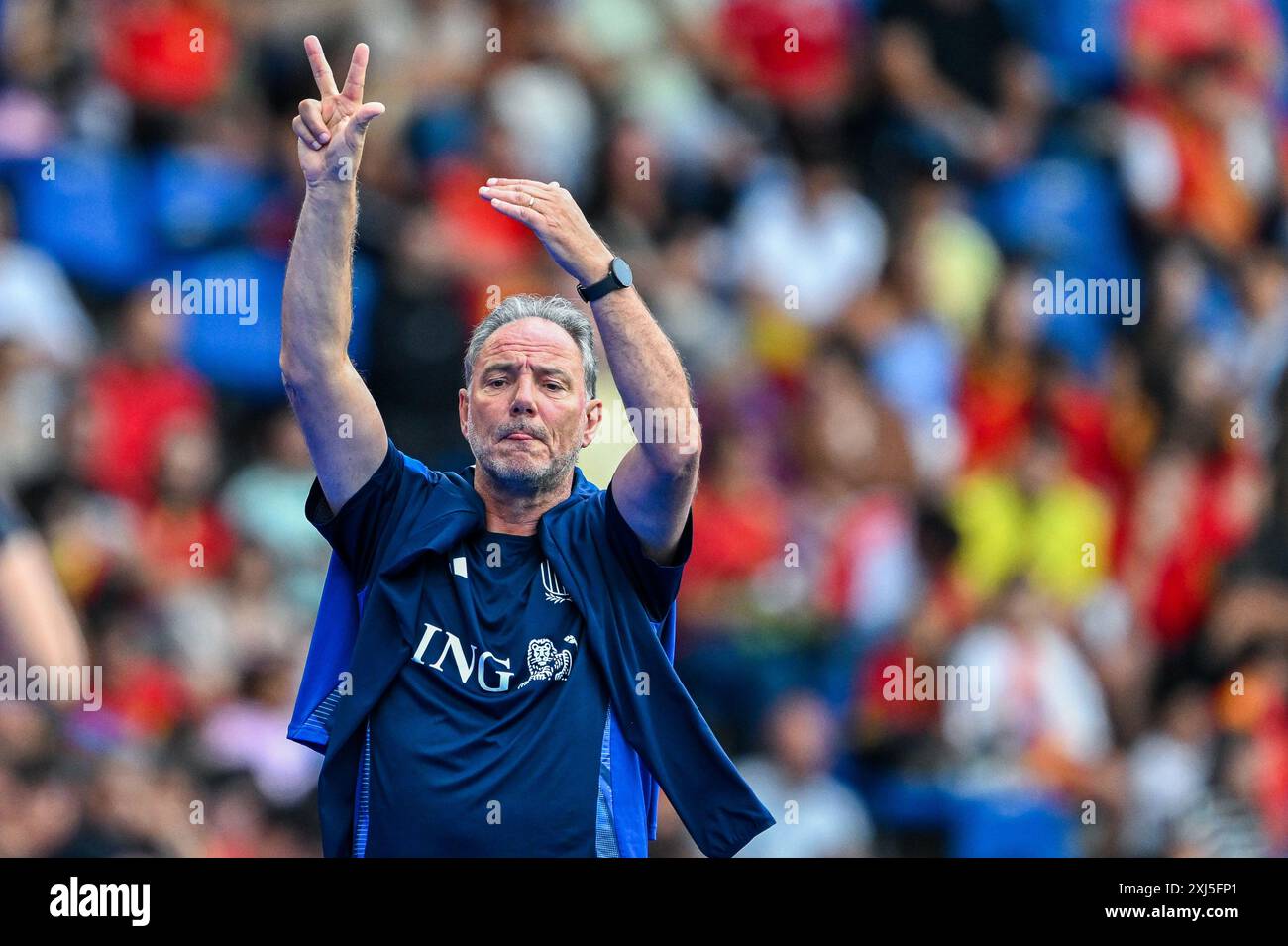 La Corogne, Espagne. 16 juillet 2024. L'entraîneur adjoint Kris Van Der Haegen, de Belgique, lors d'un match de football opposant les équipes nationales féminines d'Espagne et de Belgique, a appelé les Red Flames lors de la sixième journée du groupe A2 dans la phase de la ligue des qualifications européennes féminines de l'UEFA 2023-24, le mardi 16 juillet 2024 à la Corogne, Espagne . Crédit : Sportpix/Alamy Live News Banque D'Images
