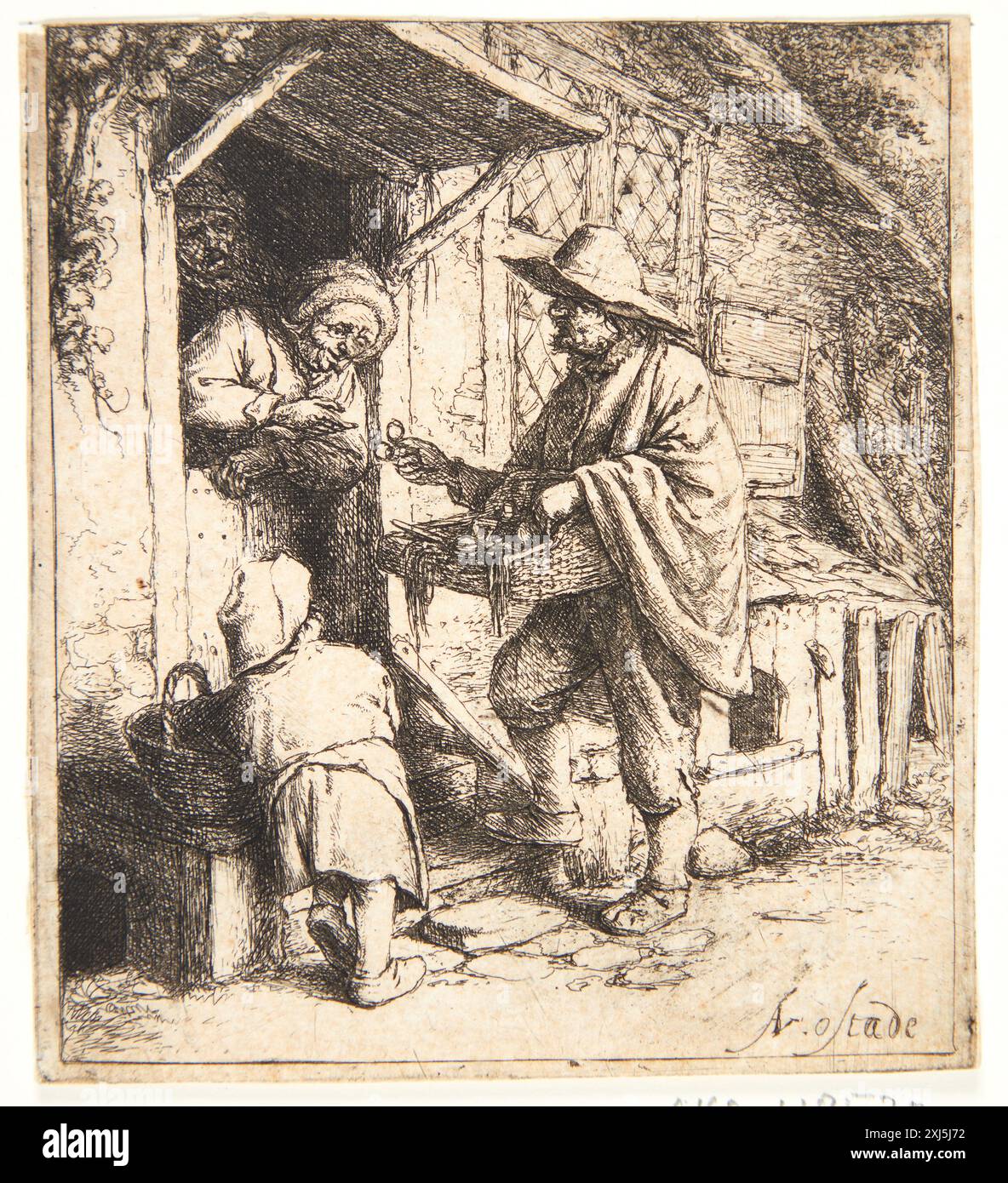 Gravure hollandaise d'Adriaen van Ostade montrant un vendeur de lunettes dans un intérieur du XVIIe siècle, mettant en valeur le commerce et la vie quotidienne aux pays-Bas. Banque D'Images