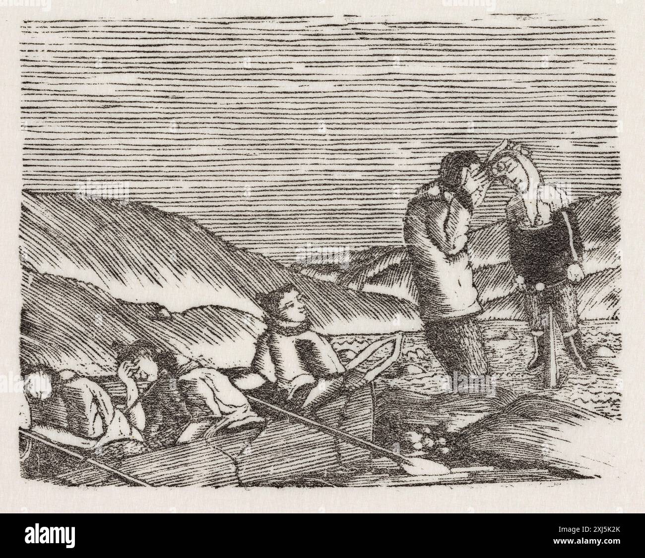 Le conte d'Uvikiak : il trouve le fils tué Aron fra Kangeq 1822 - 1869, Christensen, Brian Woodcut, Print Eskimoiske eventyr og sagn, Rink, Hinrich, p. 164, 1866 Fortællingen om Uvikiak : han Finder den dræbte Søn Banque D'Images