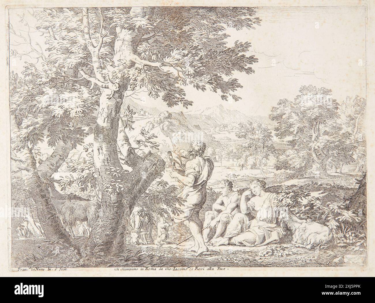 Gravure de Franciscus de Neve et Giovanni Giacomo de' Rossi montrant des bergers accompagnés d'un chien dans un paysage pastoral, mettant en évidence la vie rurale et la présence animale dans les bergers néerlandais et flamands du XVIIe siècle Banque D'Images