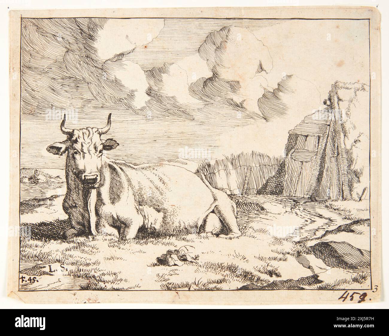 Gravure d'une vache couchée sur le sol, créée par Marcus de Bye et Paulus Potter entre 1625 et 1690 aux pays-Bas. Banque D'Images