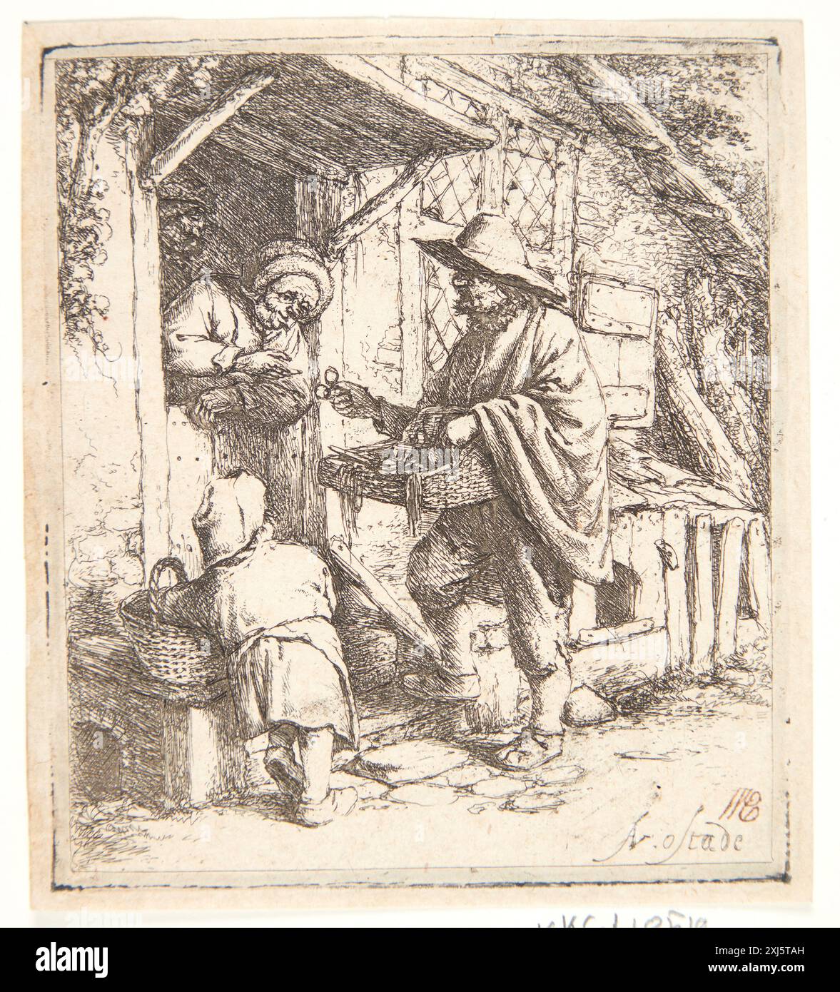 Gravure d'Adriaen van Ostade représentant un vendeur de lunettes interagissant avec des clients dans une scène intérieure néerlandaise, créée entre 1610 et 1685, reflétant la vie quotidienne aux pays-Bas au XVIIe siècle. Banque D'Images