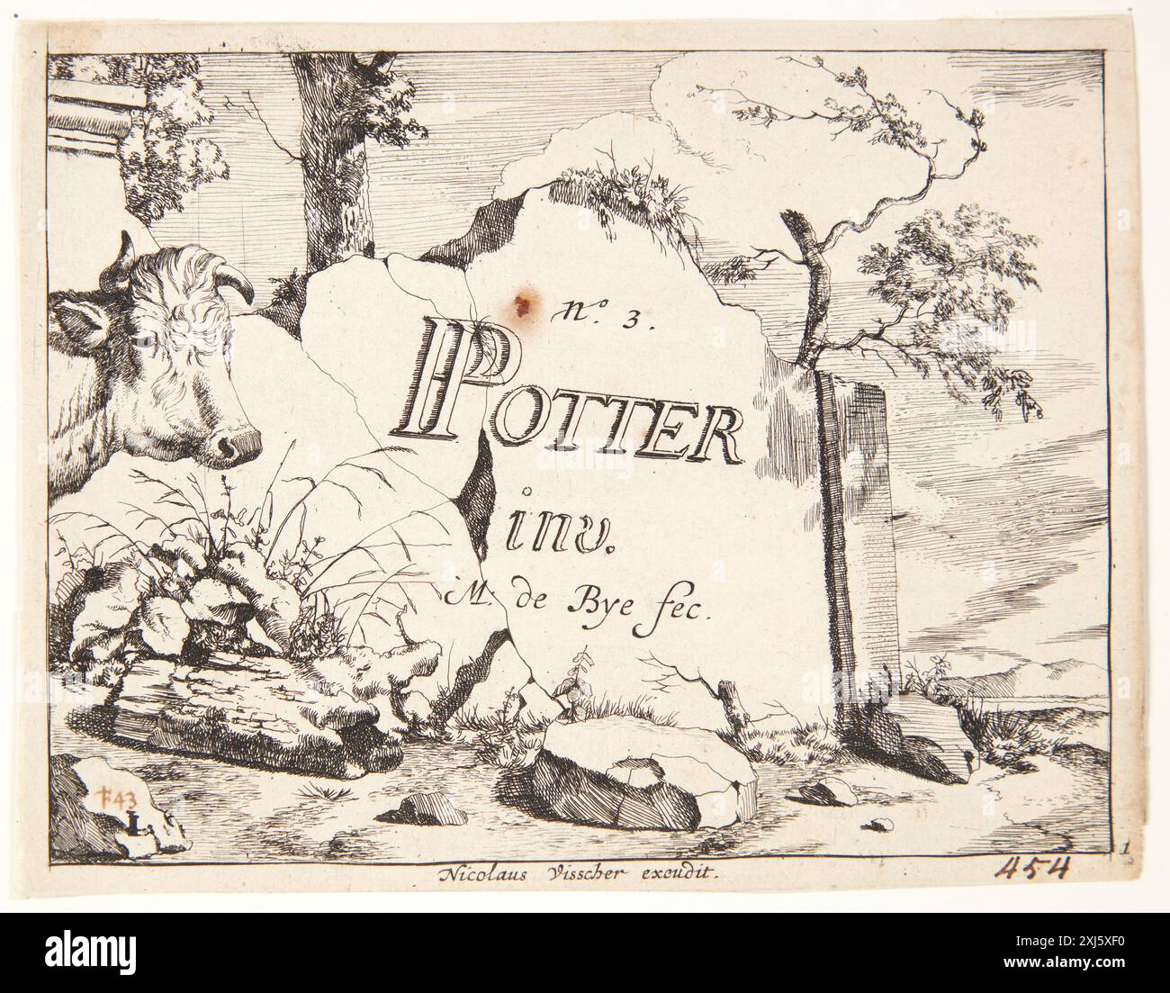 La page de titre de gravure de Marcus de Bye et de ses collaborateurs présente des vaches, servant d'introduction ornementale aux estampes néerlandaises du XVIIe siècle sur le bétail. Banque D'Images