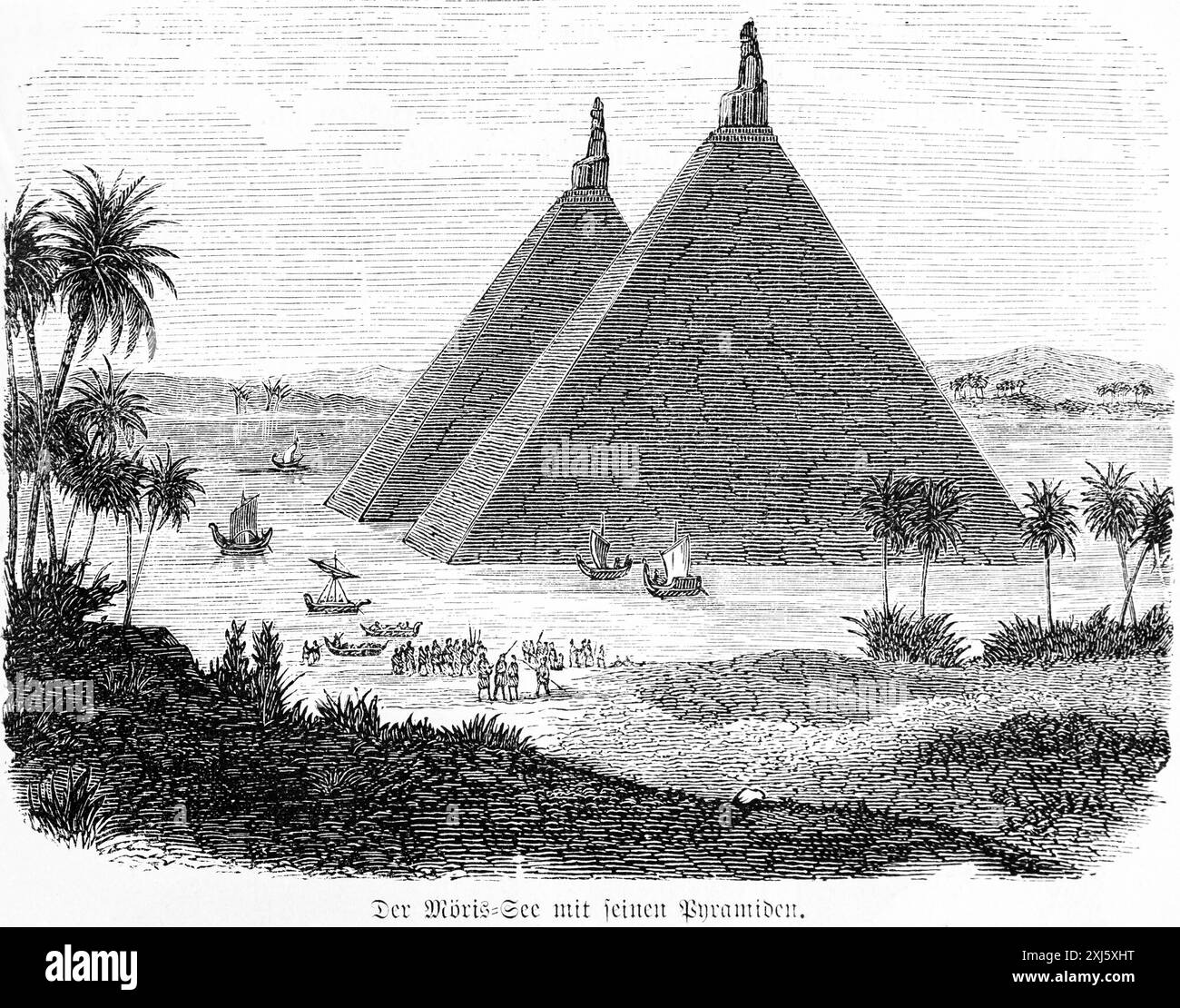 Lac Moeris ou lac Qarun avec pyramides, expédition, dhows, transport, palmiers, peuple, zone marécageuse du Fayyum, Egypte, illustration historique Banque D'Images