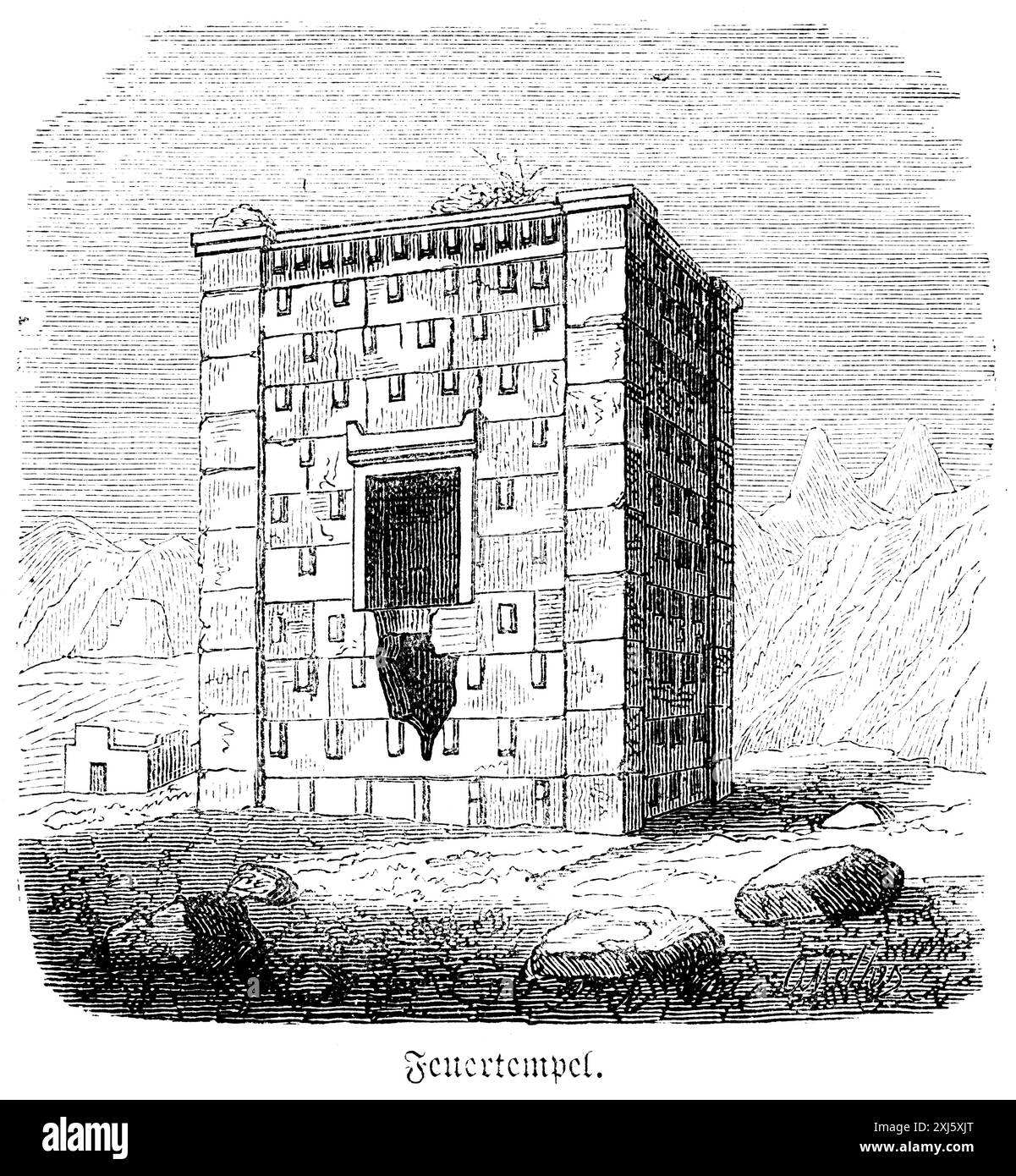 Temple de feu carré, architecture assyrienne, lieu de culte, place, Mésopotamie, illustration historique 1880 Banque D'Images