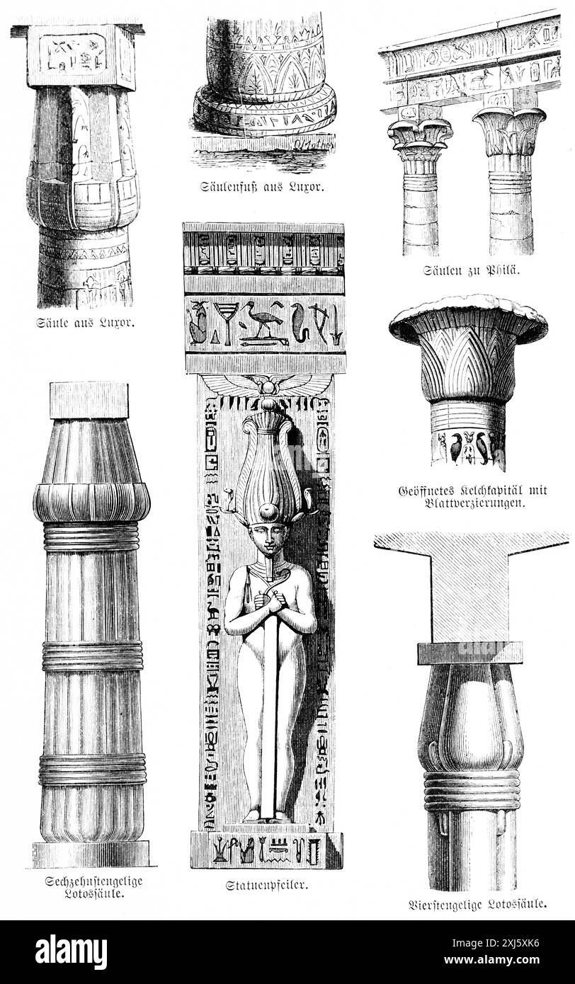 Différents types de colonnes égyptiennes anciennes, colonnes de Louxor et Philae, base de colonne, calice capital avec des décorations de feuilles, quatre et six tiges Banque D'Images