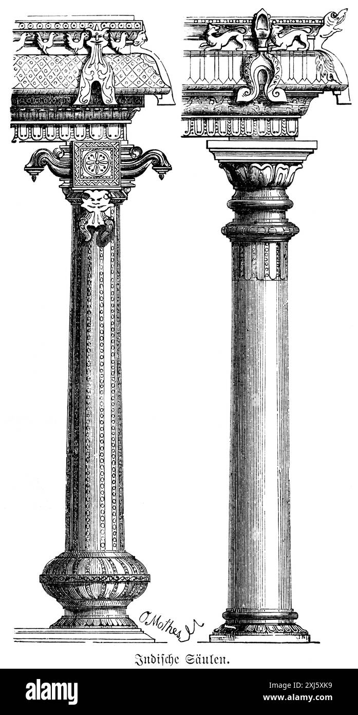 Colonnes indiennes, rond, base, base de colonne, arbre, capitale, ornements, architecture, Inde, illustration historique 1880 Banque D'Images