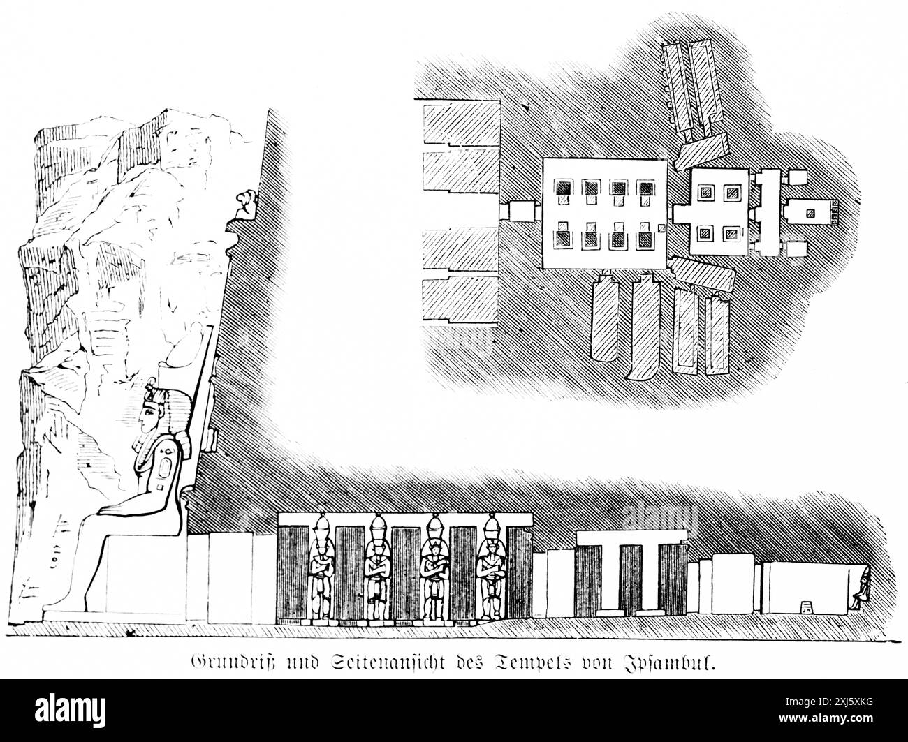 Plan d'étage et vue de côté du temple du double temple d'Iphambul ou Kom Ombo sur le Nil, statue des dieux, Egypte, illustration historique Banque D'Images