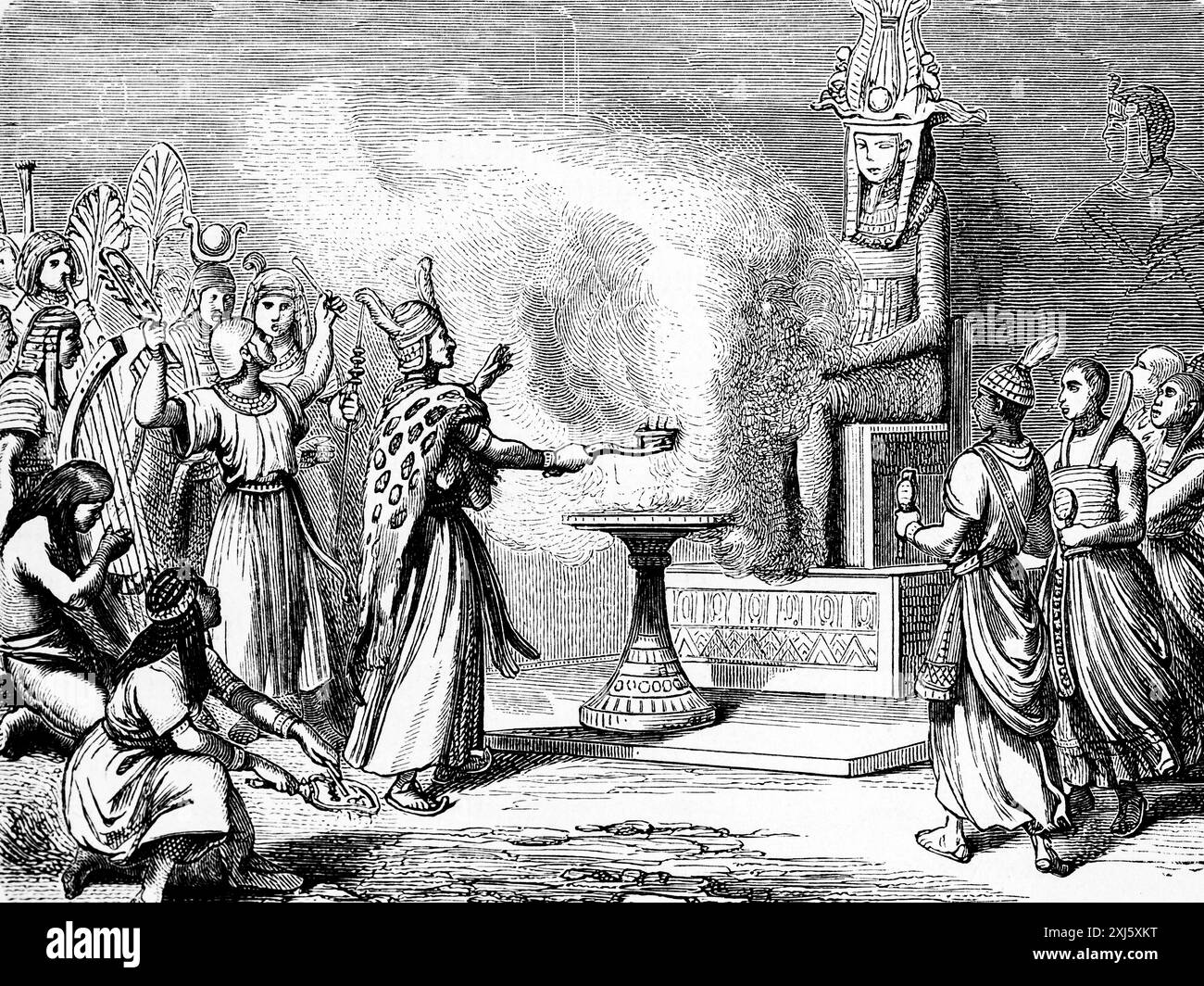 Sacrifier des prêtres en Orient à l'époque pré-chrétienne, cérémonie religieuse, statue, déesse, table sacrificielle, feu, fumée, historique Banque D'Images
