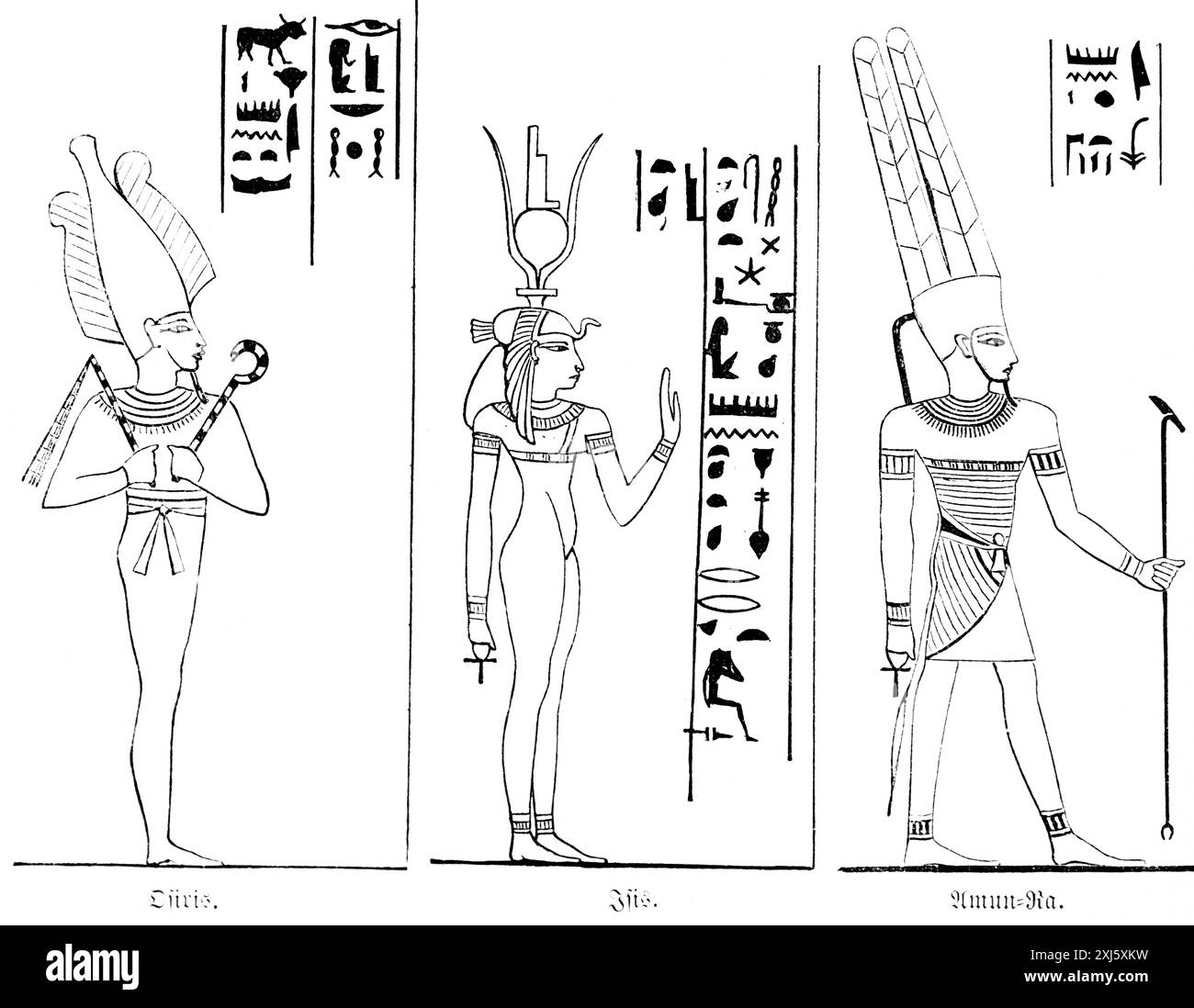 Les dieux Osiris, Isis et Amon-Ra, mythologie égyptienne, hiéroglyphes, illustration historique 1880, orientez-vous Banque D'Images