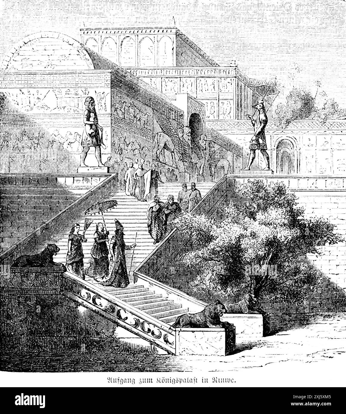 Entrée au palais royal à Ninive ou Niniveh, splendeur, statues d'homme à tête d'animal, lion, ornements, escaliers, femme avec parasol, aujourd'hui Banque D'Images