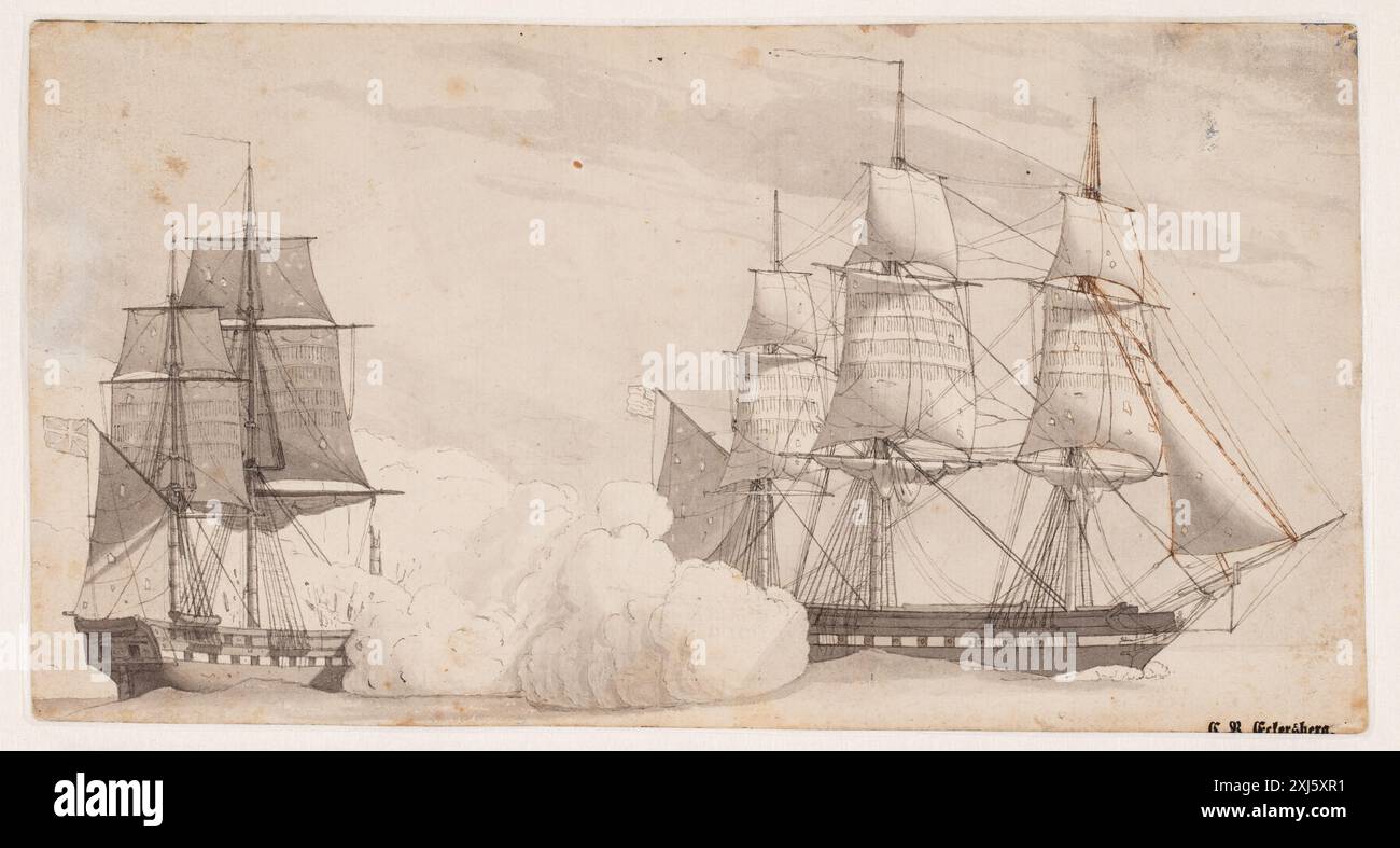 Un dessin de C.W. Eckersberg représentant deux navires de guerre engagés dans la bataille, peut-être la frégate anglaise Shannon et la frégate américaine Chesapeake, montrant l'action navale, les mâts et le gréement. Banque D'Images