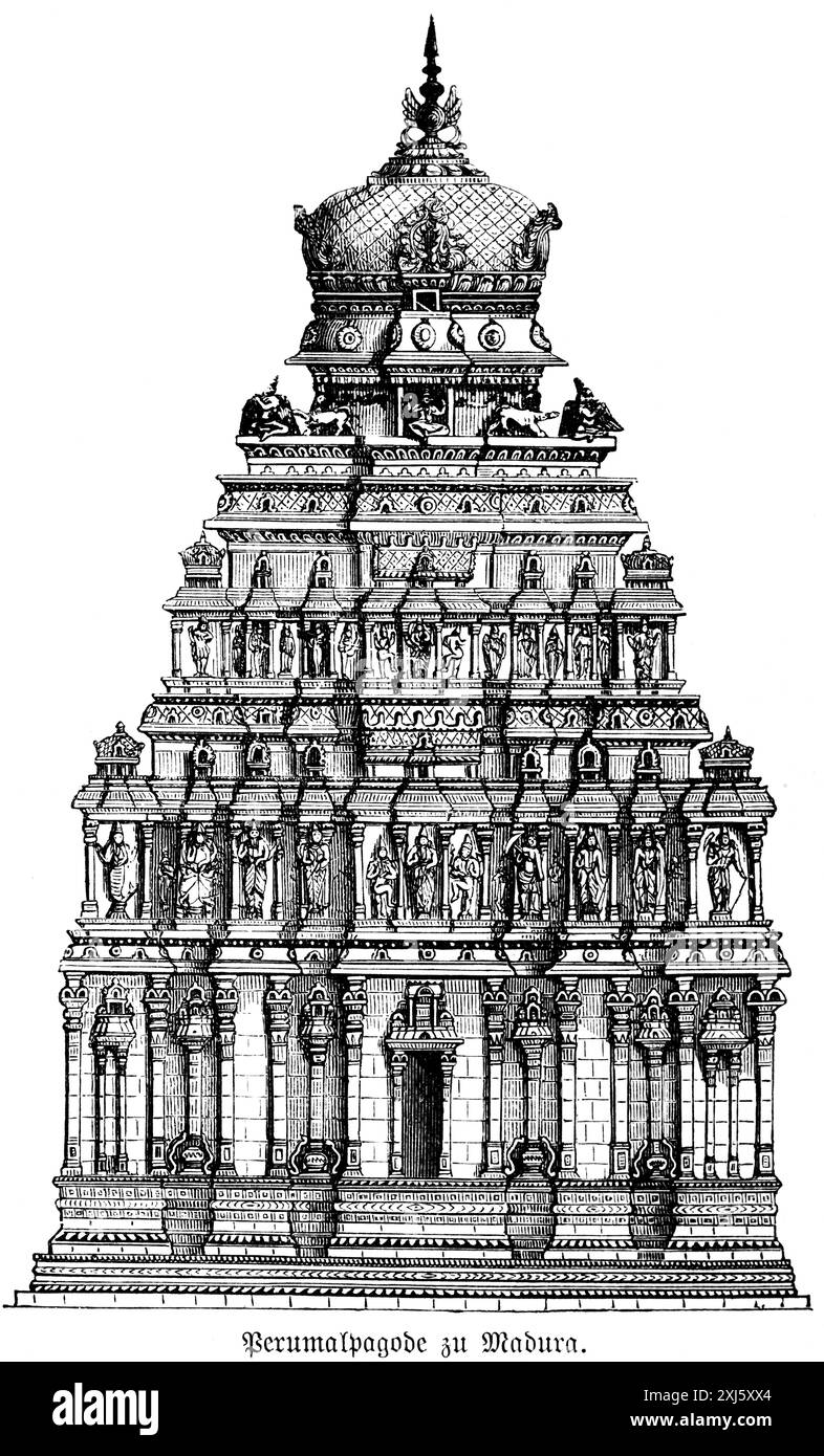 Pagode Perumal à Madurai, complexe de temples avec de riches décorations, statues, colonnes, bouddhisme, état du Tamil Nadu, Inde, illustration historique 1880 Banque D'Images