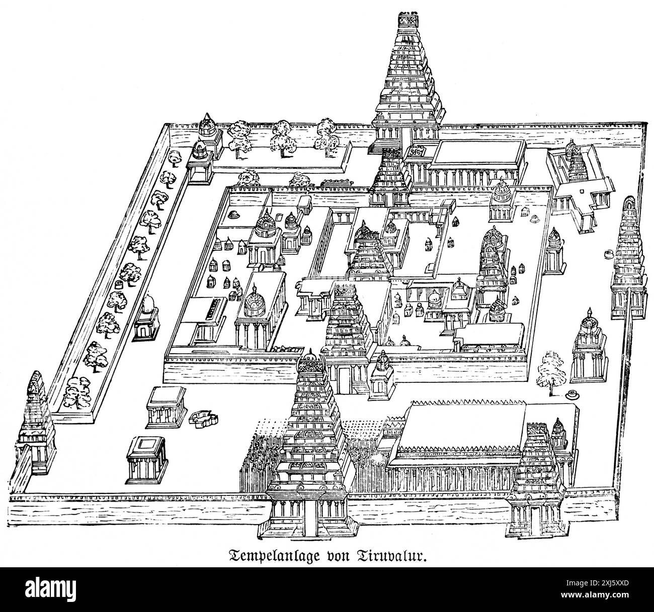 Plan du complexe du temple de Tiruvallur, culte des dieux, bouddhisme, état du Tamil Nadu, mur extérieur, cours intérieures, tours, Inde, historique Banque D'Images