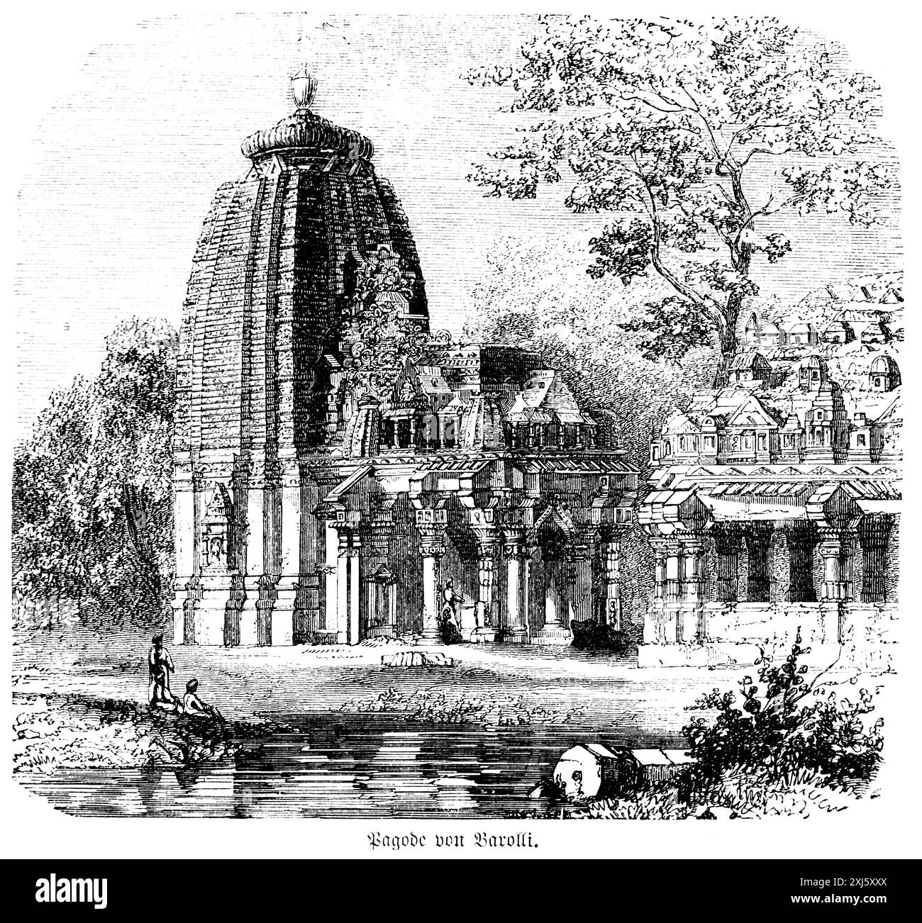 Pagode de Baroli, Uttar Pradesh, Bouddhisme, construction de tour, lac, colonnes, arbres, Inde, illustration historique 1880 Banque D'Images