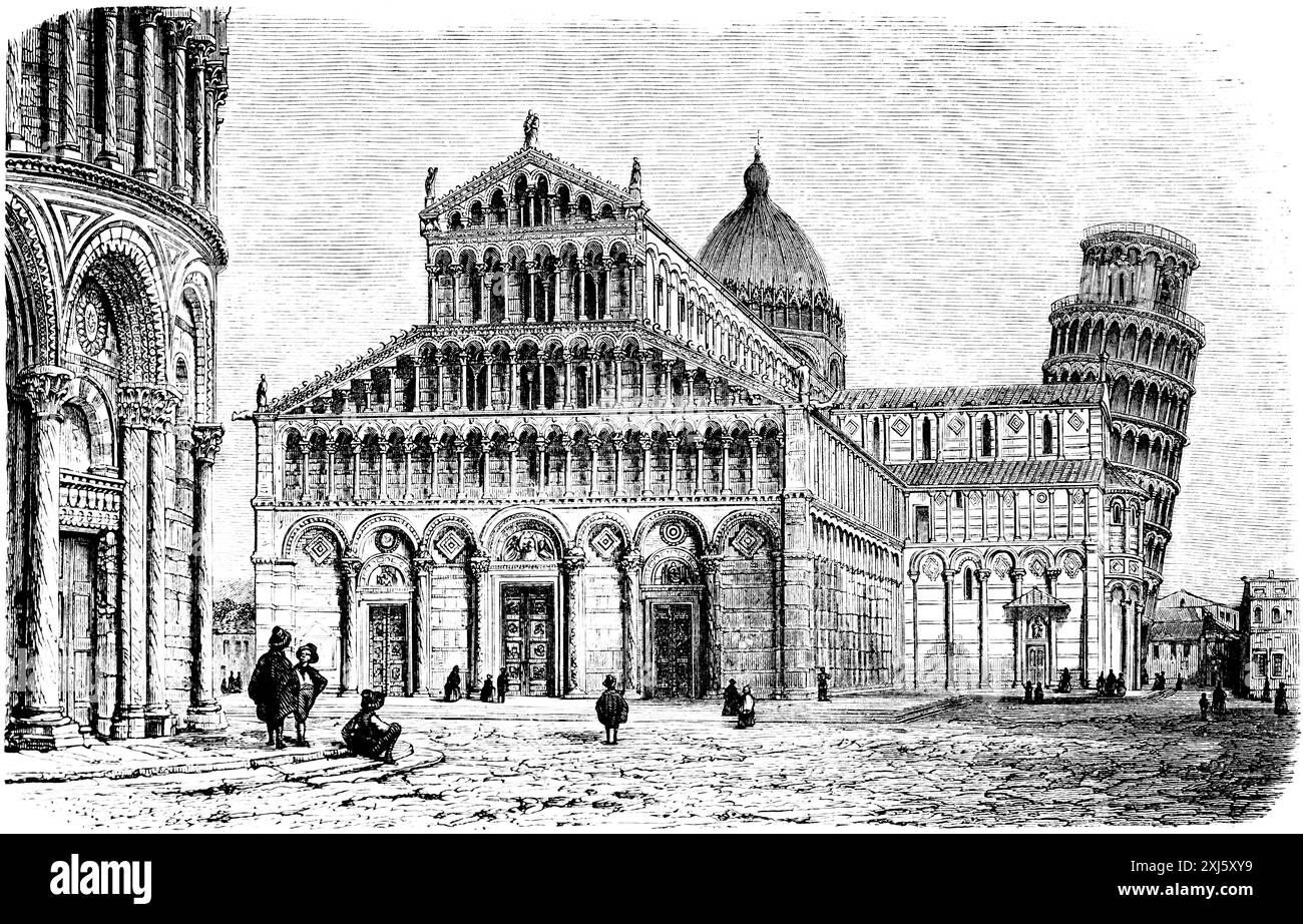 Cathédrale de Pise, tour penchée, Italie, construction d'église au moyen âge chrétien, IXe au XVe siècle, illustration historique 1880 Banque D'Images