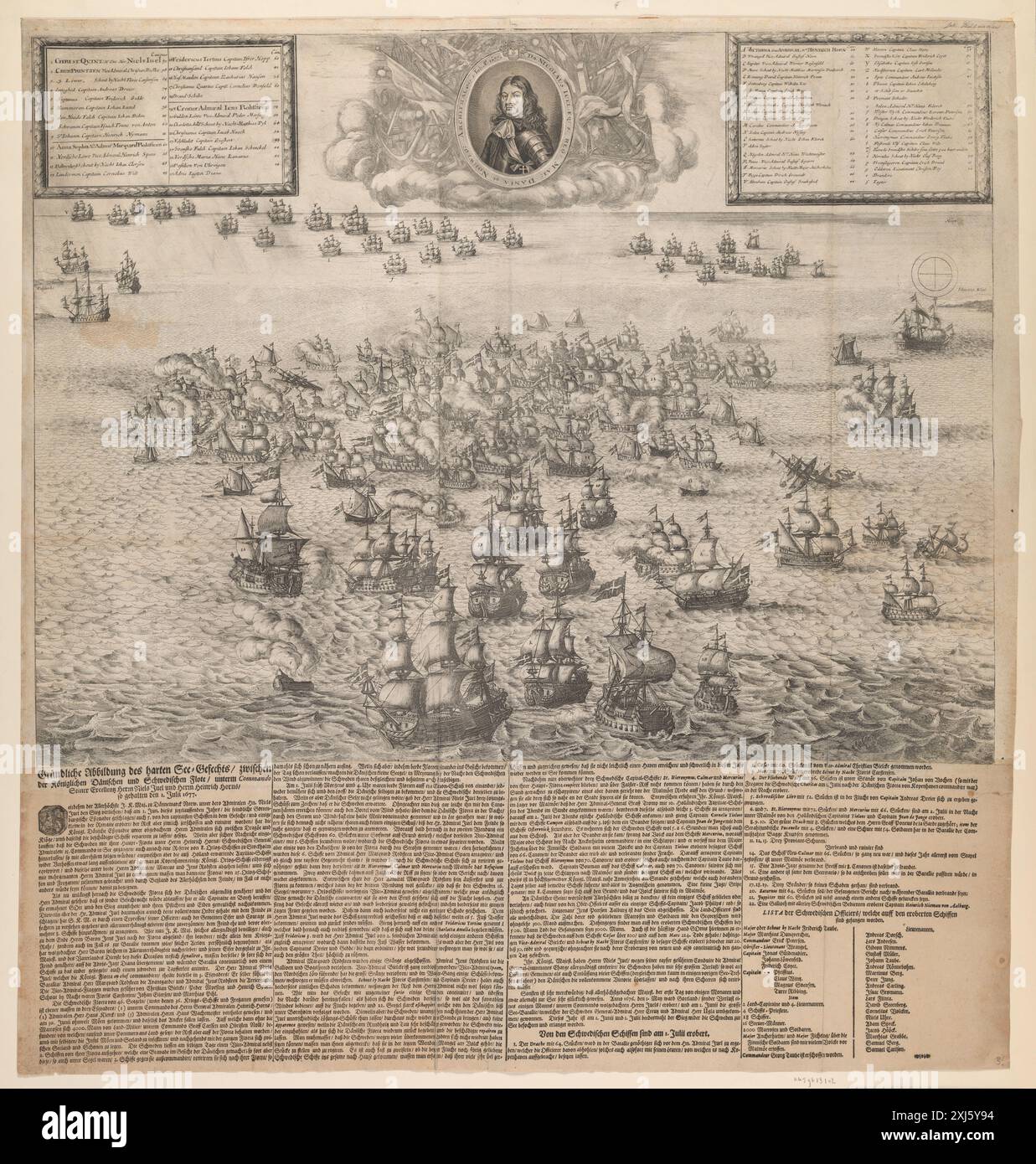 Gravure de Johann Husman représentant l'engagement naval à Køgebugt en juillet 1677, montrant des navires de guerre, des marins, des tirs de canon et des manœuvres maritimes au XVIIe siècle. Banque D'Images