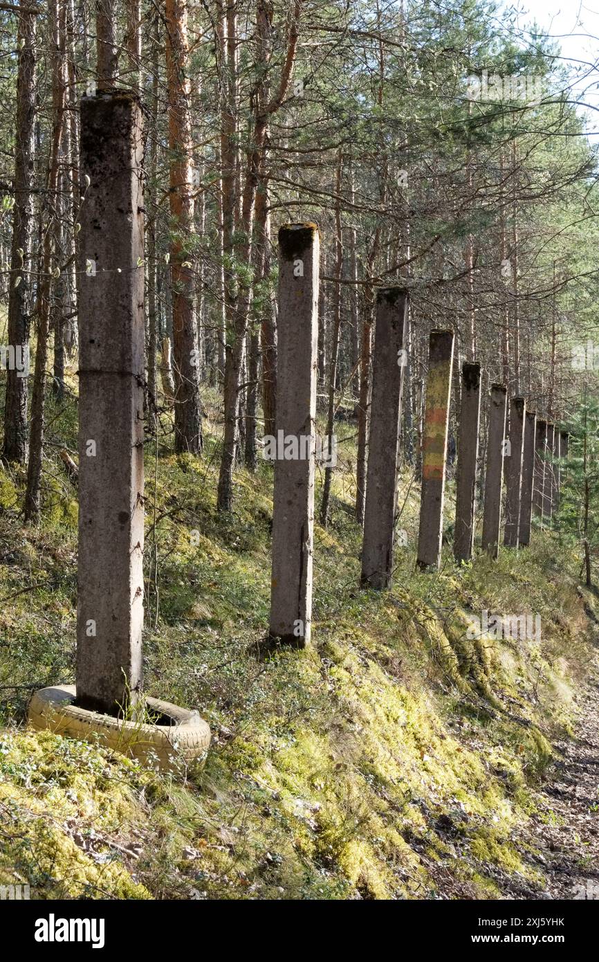 Des poteaux en béton marquent toujours le bord d'une zone militaire utilisée par l'ex-Union soviétique dans la forêt autour de la tourbière de Pääsküla et dans les environs Banque D'Images
