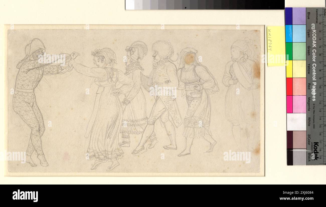 Scène de carnaval. Dessin de composition pour le Carnaval de Rome Eckersberg, C.W. 1783 - 1853 dessin C.W. Eckersberg : dansk malerkunsts fader, Peter Michael Hornung, p. 171, (afb.), 2005-383, 2005. Tegninger af C.W. Eckersberg, Erik Fischer, Kat. nr. 58, 50044, 1983. L'Age d'Or de la peinture danoise 1800-1850, Ubekendt, Kat. nr. 60., 51367, 1984. Med Eckersberg til karneval, Henrik Bramsen, p. 33, fig. 2., 64995. C.W. Eckersbergs dagbøger, Ubekendt, p. 326f, note 8 (muligvis denne tegning)., C 44048, 2009 Carnival Scene. Dessin de composition pour le Carnaval de Rome Banque D'Images