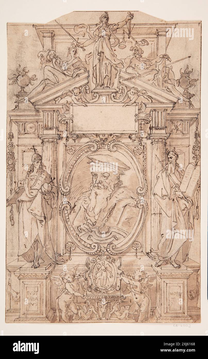 Dessin de Joos van Winghe et Jan Stefan van Calcar représentant un portrait de Tiberio Deciani, catalogué dans les gravures, gravures et gravures sur bois hollandaises et flamandes de Hollstein de 1450 à 1700. Banque D'Images