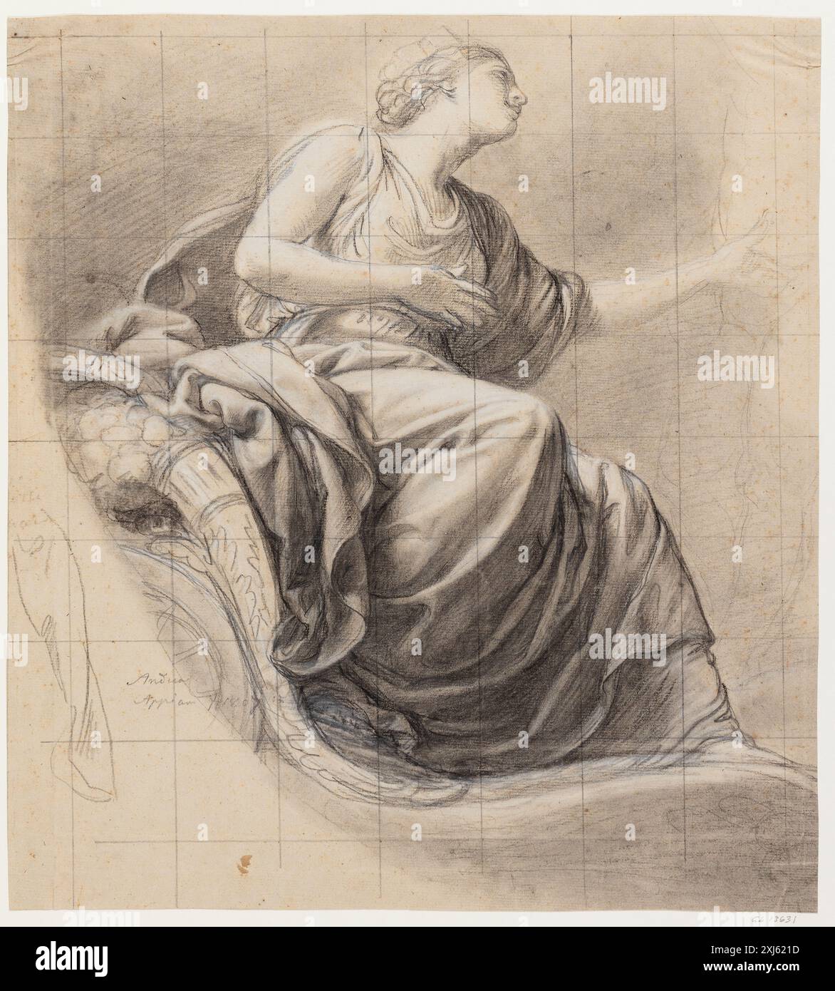 Dessin d'Andrea Appiani montrant une femme avec une couronne murale assise dans un chariot à côté d'une cornée, représentant une allégorie d'une ville. Banque D'Images