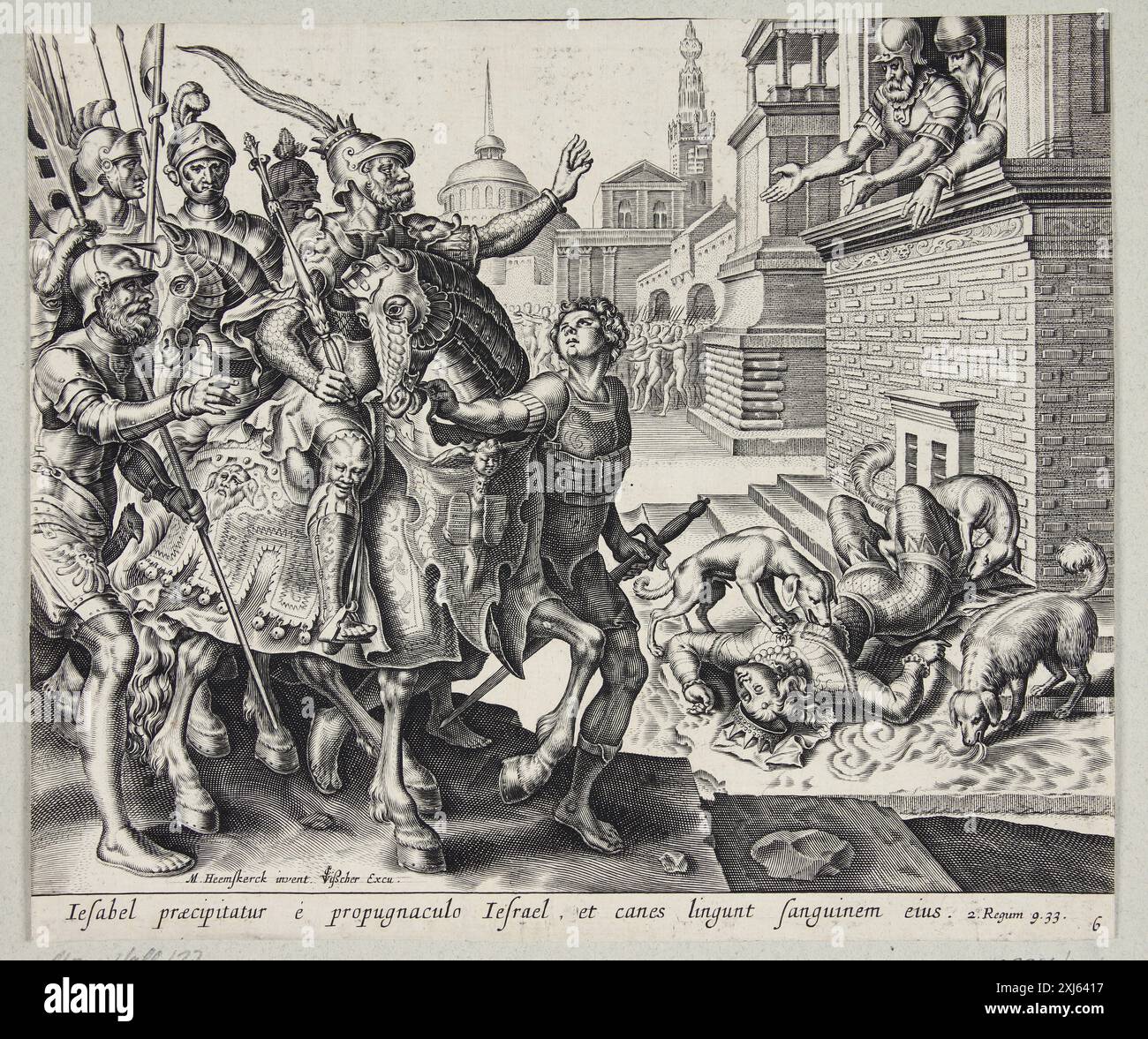 Gravure sur cuivre de Philips Galle et Maarten van Heemskerck représentant la scène biblique où Jehu ordonne la mort de Jezébel, avec des chiens qui consomment son corps. Banque D'Images