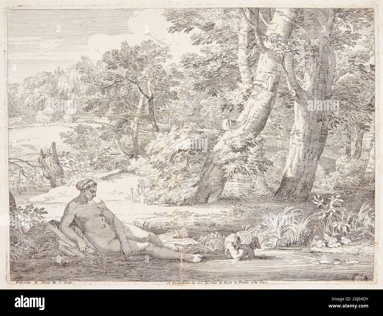 Gravure de Franciscus de Neve et Giovanni Giacomo de Rossi représentant Vénus et Amor sur un lac forestier, montrant des figures mythologiques dans un paysage boisé. Banque D'Images