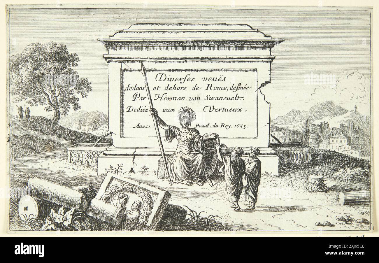Gravure de Herman van Swanevelt (1601-1655) montre la page de titre de 'douze vues de Rome et ses environs'. Publié dans l'Illustrated Bartsch 2, une partie des gravures néerlandaises et flamandes 1450-1700, cataloguées par Hollstein. Banque D'Images