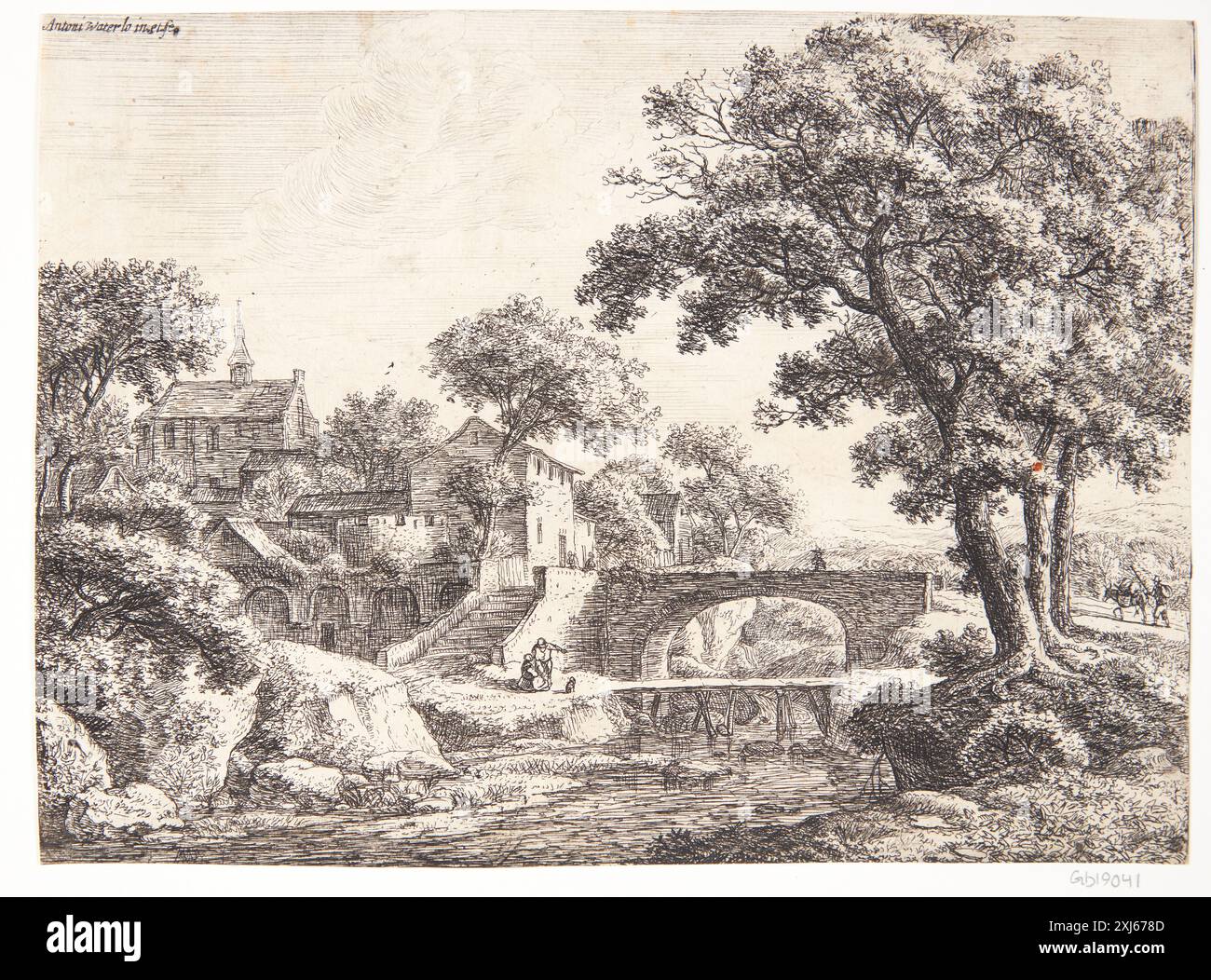 Gravure d'Anthonie Waterloo montrant un lit de rivière traversé par deux ponts, estampe paysagère néerlandaise du XVIIe siècle. Banque D'Images