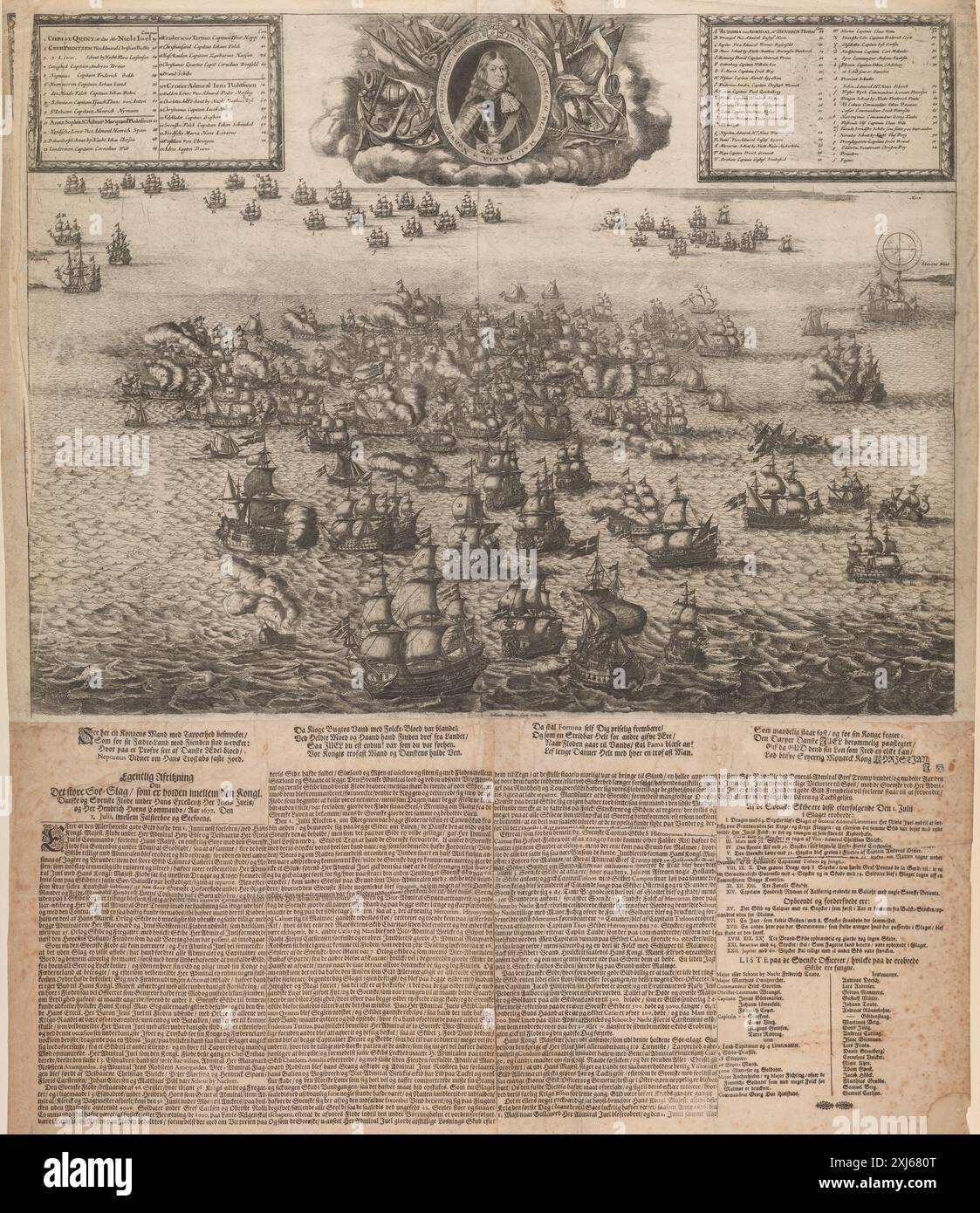 Gravure de Johann Husman représentant la bataille navale de Køgebugt en juillet 1677, montrant des navires, des combats, des marins et des tactiques maritimes pendant la guerre navale danoise du XVIIe siècle. Banque D'Images