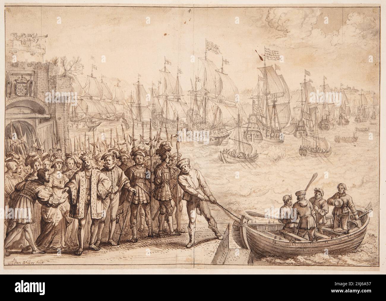 Ce dessin d'Adam Willaerts représente Christian II quittant Copenhague en 1523, montrant le roi, les gardiens, les navires et le port de la ville dans une scène historique. Banque D'Images