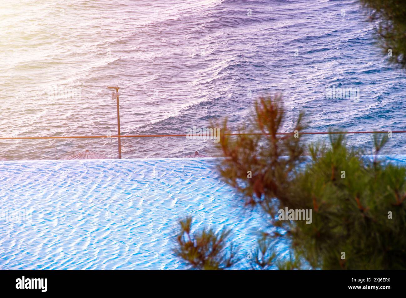 Vue captivante sur un paysage méditerranéen tranquille au coucher du soleil, avec une surface d'eau scintillante et des pins côtiers luxuriants, parfait pour les voyages Banque D'Images