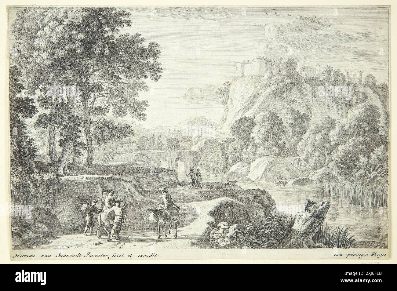 Une gravure de Herman van Swanevelt (1601-1655) représente un paysage avec des roadfarers. Publié dans l'Illustrated Bartsch 2, une partie des gravures néerlandaises et flamandes 1450-1700, cataloguées par Hollstein. Banque D'Images