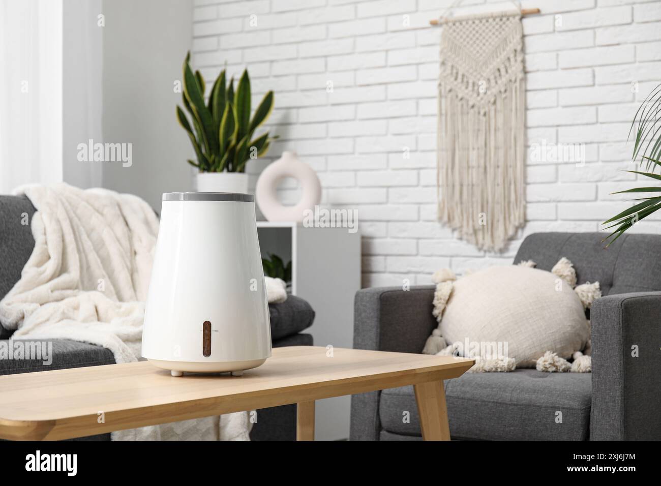 Humidificateur moderne sur la table basse près du canapé noir dans le salon Banque D'Images